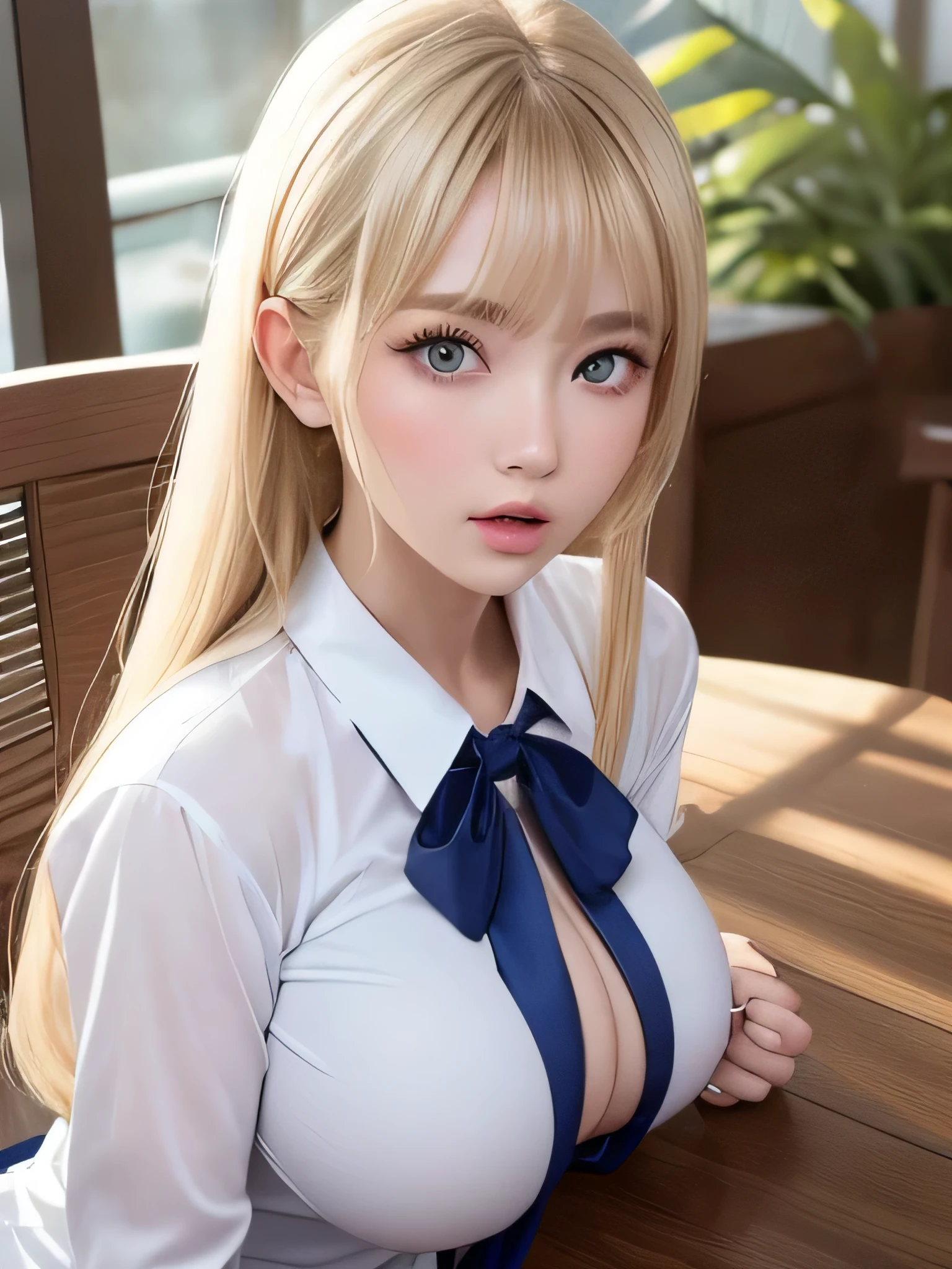 8K,highest quality, table top, Super detailed, 超A high resolution, realistic, Raw photo, absurd, absolute resolution, 1 girl, alone, looking at the viewer,young beautiful japanese woman, super cute face, luxurious appearance, big breasts , long bob hair ,smile,(school uniform:1.3), Glossy lips of lifelong learning, double eyelids in both eyes, natural makeup, long eyelashes, 艶やかで滑らかなライトブラウンのlong bob hair, asymmetrical bangs, shiny skin, center image, High resolution, high detail, detailed hairstyle, detailed face, great movie lighting, octane rendering, lively, 超realistic, perfect limbs, perfect anatomy、very big o cup breasts、well-shaped chest 、show your chest、silky shiny skin、sexy,very beautiful nice face、Cute gorgeous face、gorgeous blonde silky hair、big fancy pale blue eyes、Bangs swaying in front of the face、Beautiful and cute 28 year old girl、、sailor suit、big and full breasts、skin as white as snow,ponytail、mini skirt、Glamour、I can see white pants.、wearing white panties、upper body nude、she spreads her legs wide and flaunts.cherry blossom park、posture of sitting on a bench、非常にbig breastsを見せています、topless、Plump、超Glamour、Are fat、bigfoot、big body、Chubby、beautiful thighs、Low - Angle、Scene looking up from below