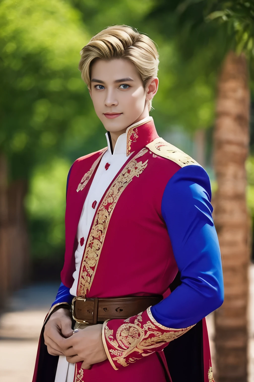 
A masterpiece of world art ! Top quality . High detail . portrait of a prince with a sword on his belt! handsome guy in expensive imperial robes , rich decoration in the imperial palace , bright colored decorations . Short blond hair , Blue eyes , seductive smile . very handsome guy. Photo portrait of the prince in the highest quality !