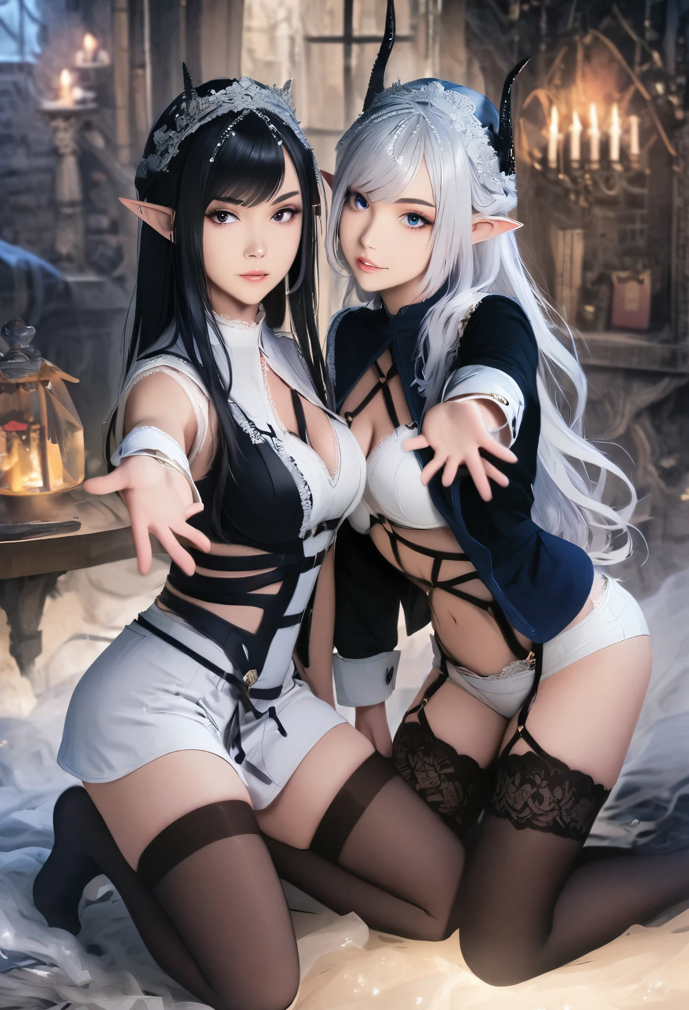 Dark Elf, 2girls, pointy ears, thighhighs, long hair, kneeling, black hair, looking at viewer, white hair, magic movie scene,fantasy,magic