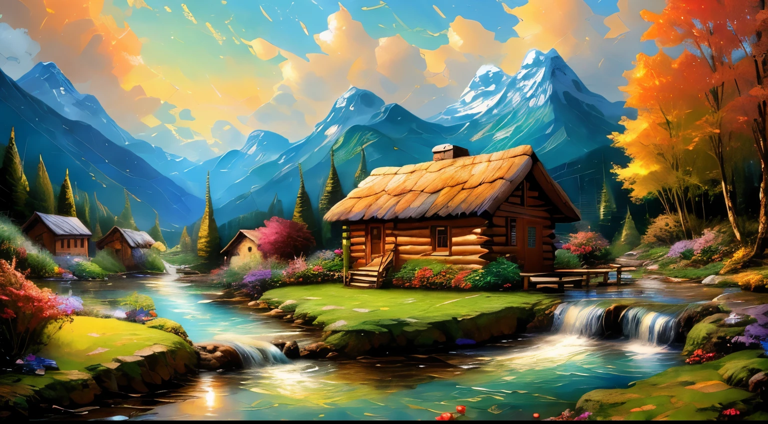 Painting of a hut by a mountain stream with a waterfall, children play around the cabin,  4K Oil Painting, beautiful oil matte paint, Oil Painting 4K, Oil painting 4K, Villa in the forest, beautiful oil painting on canvas, beautiful digital paintings, smooth oil painting, Beautiful art UHD 4K, 8k HD detailed oil painting, oil digital painting, Inspired by Thomas Kinkade.