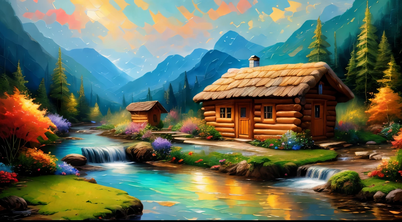 Painting of a hut by a mountain stream with a waterfall, children play around the cabin,  4K Oil Painting, beautiful oil matte paint, Oil Painting 4K, Oil painting 4K, Villa in the forest, beautiful oil painting on canvas, beautiful digital paintings, smooth oil painting, Beautiful art UHD 4K, 8k HD detailed oil painting, oil digital painting, Inspired by Thomas Kinkade.