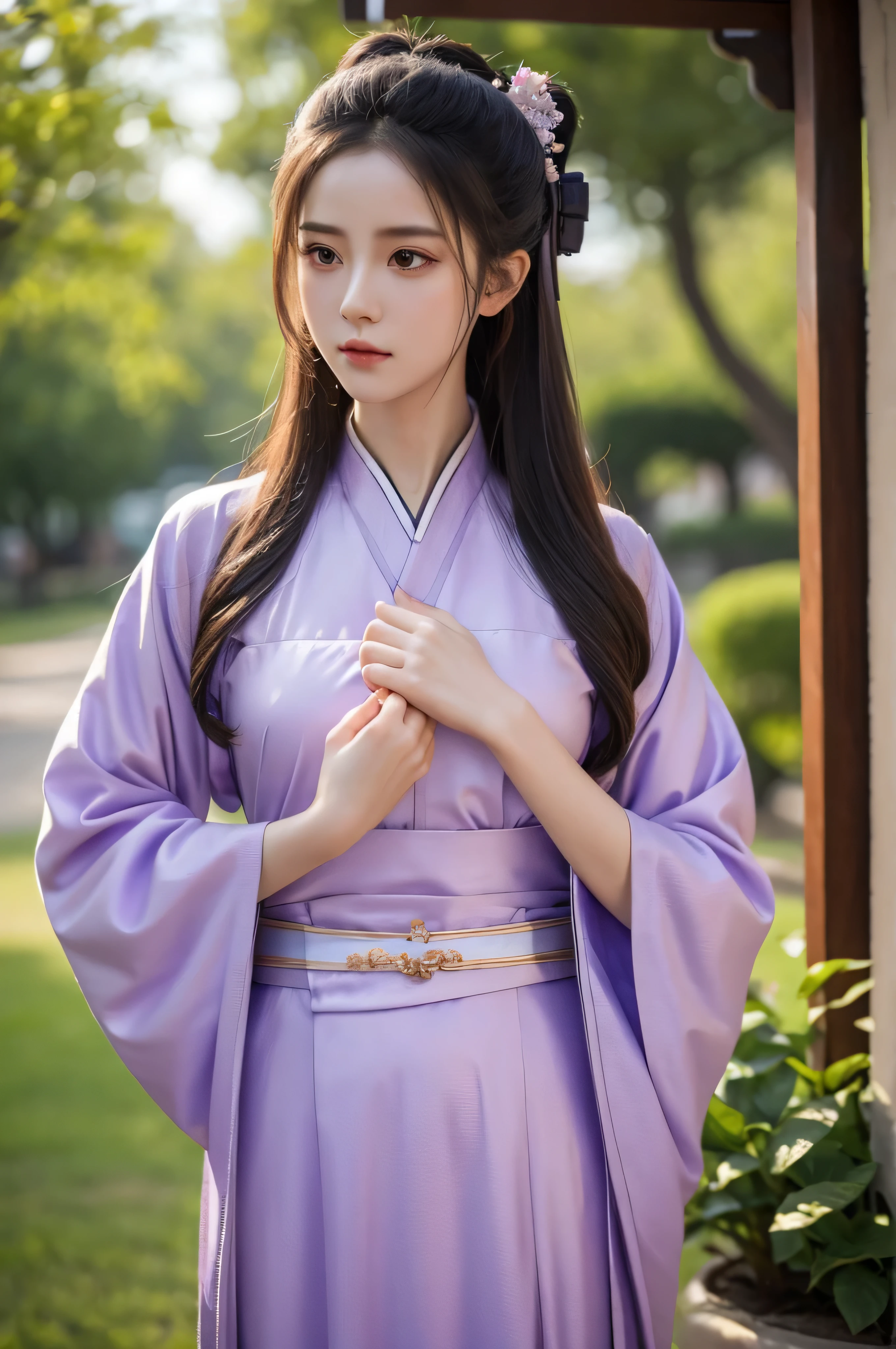 Fair, masterpiece, best quality, extremely detailed face,1 girl, alone,wrap your chest,Lilac Hanfu,whole body