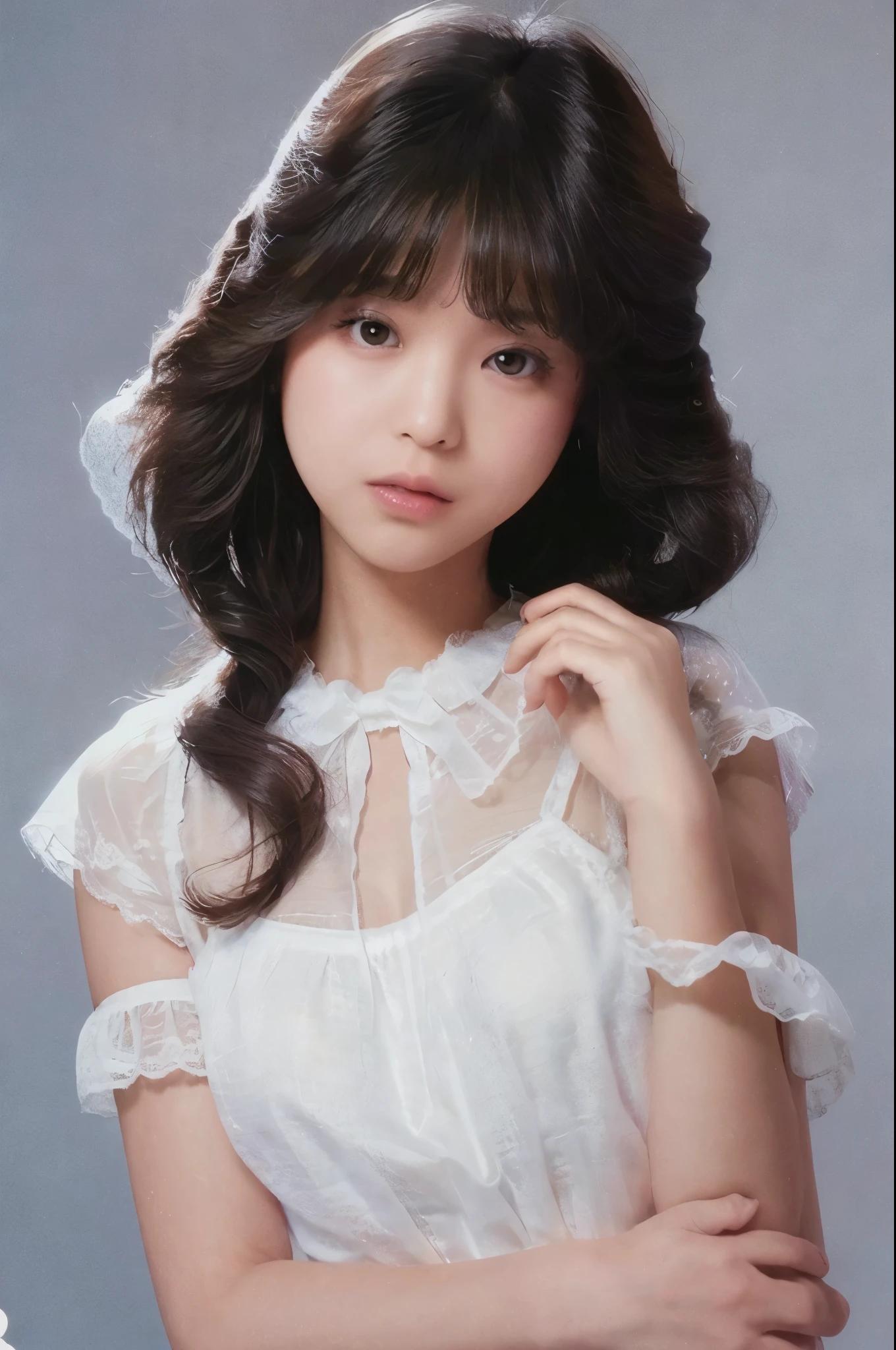 (masterpiece, realistic, ultra high resolution, high quality:1.2),25 year old girl, (young),(no makeup), (white sheer blouse:1.3),Fluffy blouse、Fluffy blouse、blouse has no buttons、(oversized breasts)、best breasts、biggest 、pink lace bra、Fluffy bra、sheer ruffle bra、black hair, hair is curled outside、Hair curls outward、small curl hair、wedding veil、portrait, (full body) , old photograph, 80&#39;Style , dynamic pose, studio, (seikomatsuda:1.2)