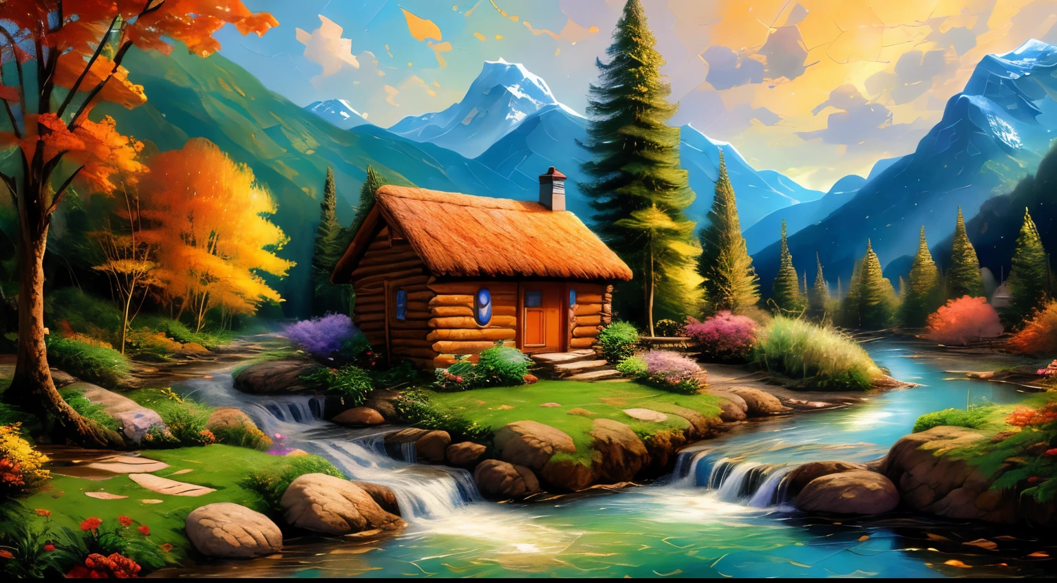 Painting of a hut by a mountain stream with a waterfall, children play around the cabin,  4K Oil Painting, beautiful oil matte paint, Oil Painting 4K, Oil painting 4K, Villa in the forest, beautiful oil painting on canvas, beautiful digital paintings, smooth oil painting, Beautiful art UHD 4K, 8k HD detailed oil painting, oil digital painting, Inspired by Thomas Kinkade.