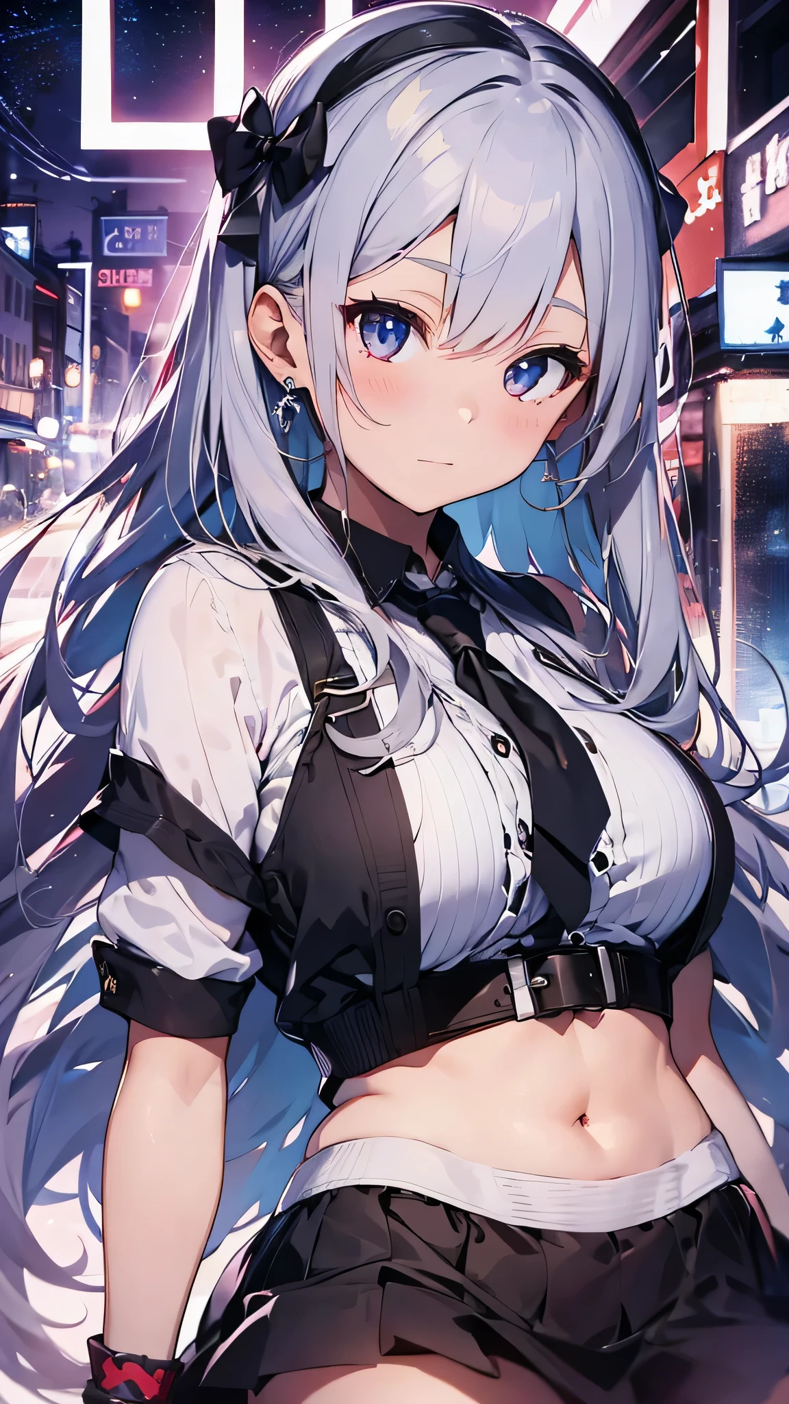 Masterpiece1.2),best quality))),1 girl , adult, messy hair,ponytail,white hair,wolfcut,blue eyes,white Hoodie,mini skirt , , top half body portrait,dynamic pose ,tokyo city, night, beautiful light, high environmental detail, embarrassed, blush, beautiful hands, ((nipples))