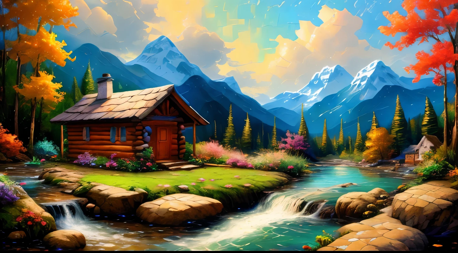 Painting of a hut by a mountain stream with a waterfall, children play around the cabin,  4K Oil Painting, beautiful oil matte paint, Oil Painting 4K, Oil painting 4K, Villa in the forest, beautiful oil painting on canvas, beautiful digital paintings, smooth oil painting, Beautiful art UHD 4K, 8k HD detailed oil painting, oil digital painting, Inspired by Thomas Kinkade.