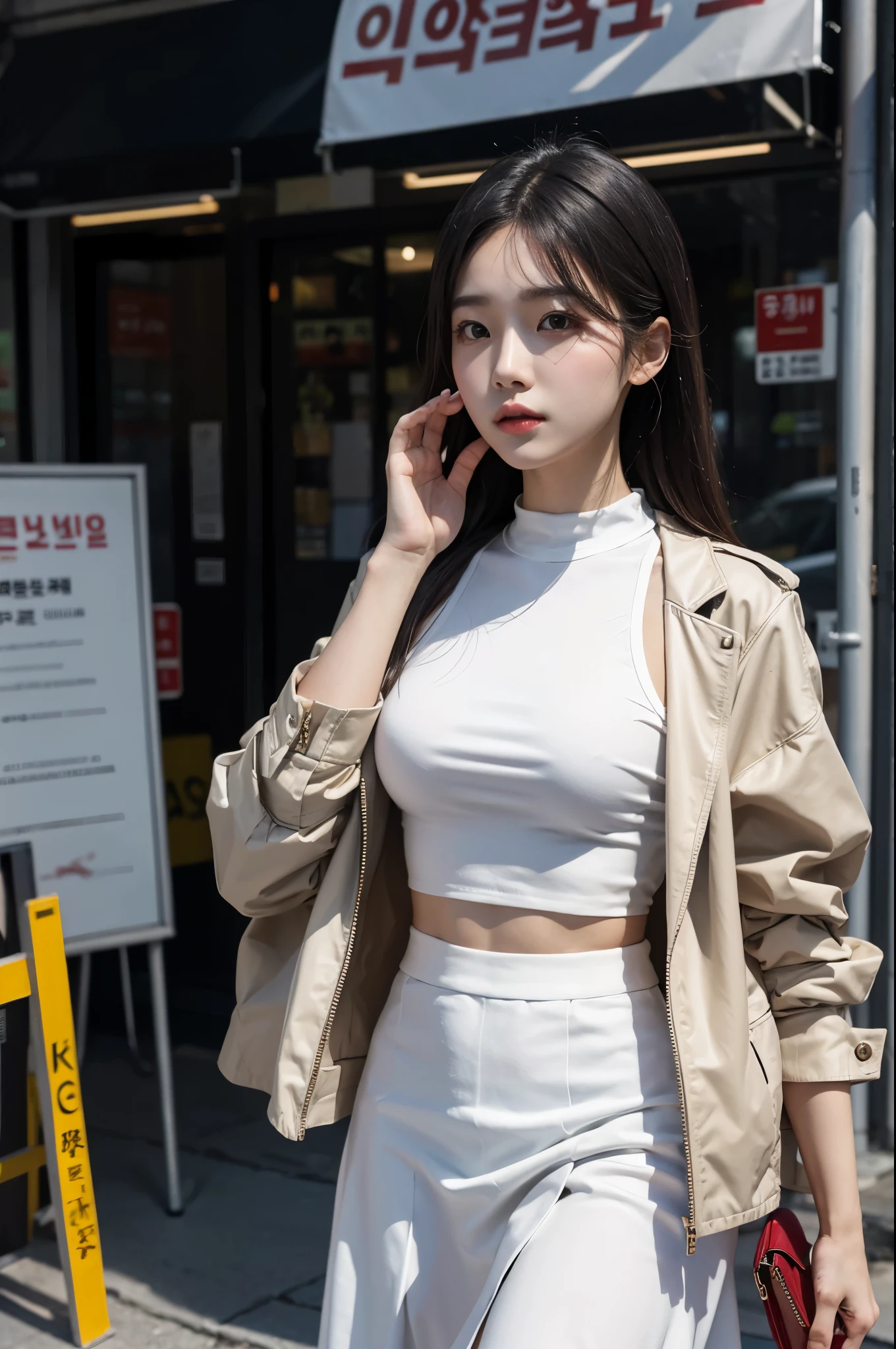 Arafe woman walking down the street wearing white top and red jacket, black skirt, korean beauty, different actions,