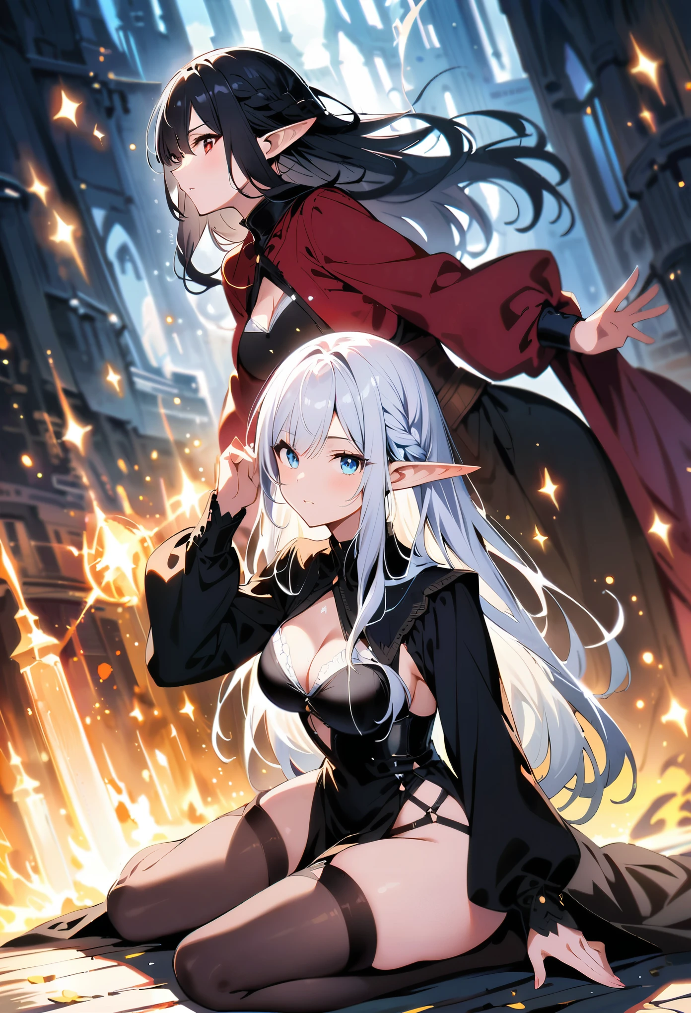 Dark Elf, 2girls, pointy ears, thighhighs, long hair, kneeling, black hair, looking at viewer, white hair, magic movie scene,fantasy,magic