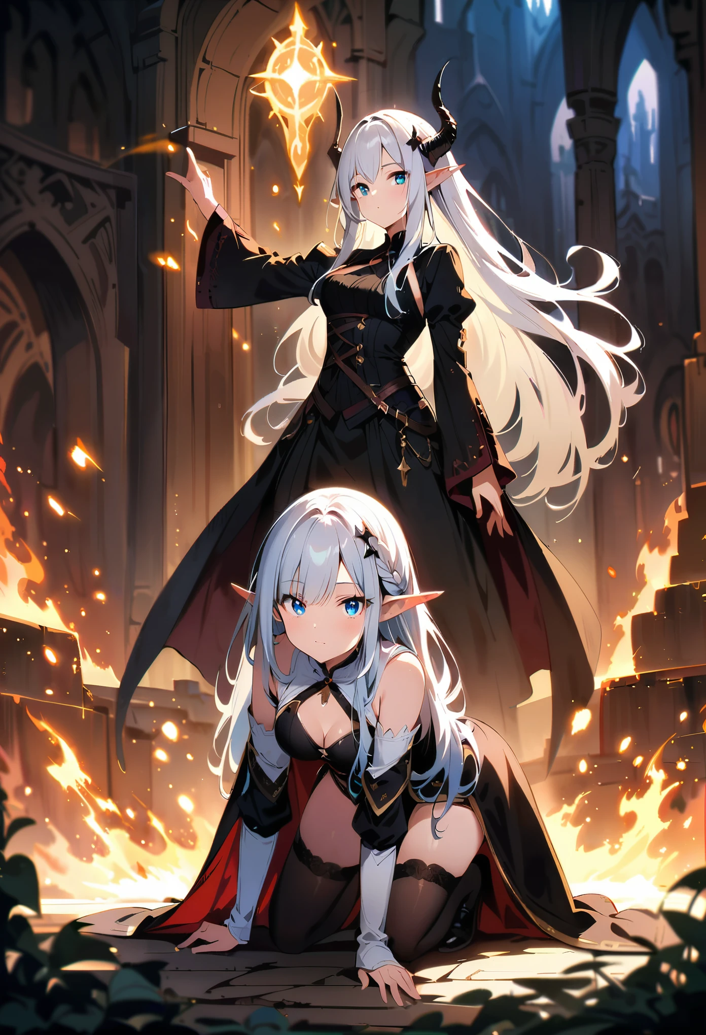 Dark Elf, 2girls, pointy ears, thighhighs, long hair, kneeling, black hair, looking at viewer, white hair, magic movie scene，fantasy，magic