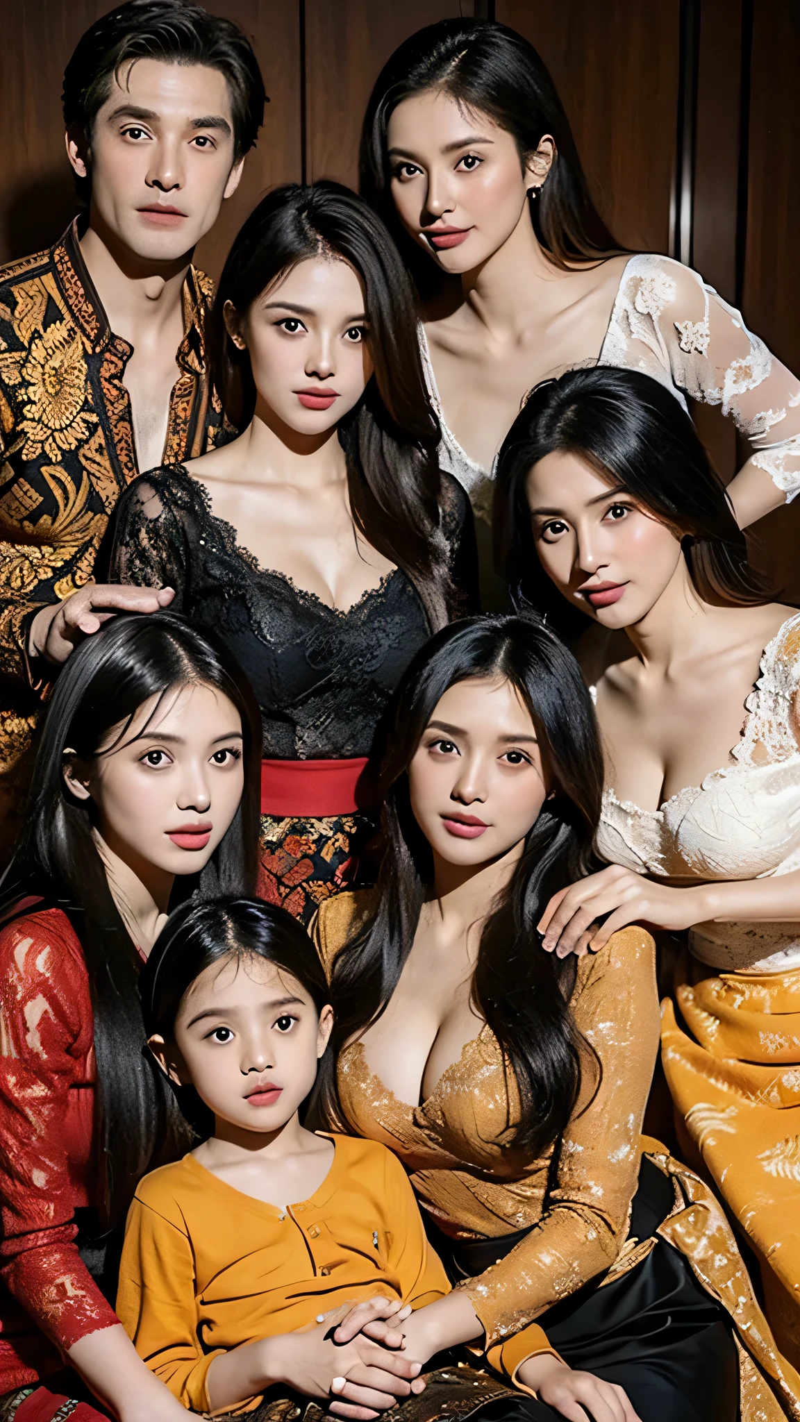 1 Family, Potrait of 3 wife Indonesian-chinese uighur girl,1 Indonesian boy (24 years old(husband)), Harem (Polygamy), long fashion hair, fit body, small cleavage, skintight black lace kebaya, batik skirt, masterpiece, highly detailed, ultra hd, 8k, detailed face, detailed eyes, perfect eyes, detailed skin texture, detailed lips, sexy lips, perfect hands, dynamic angle, cowboy shot, rich family