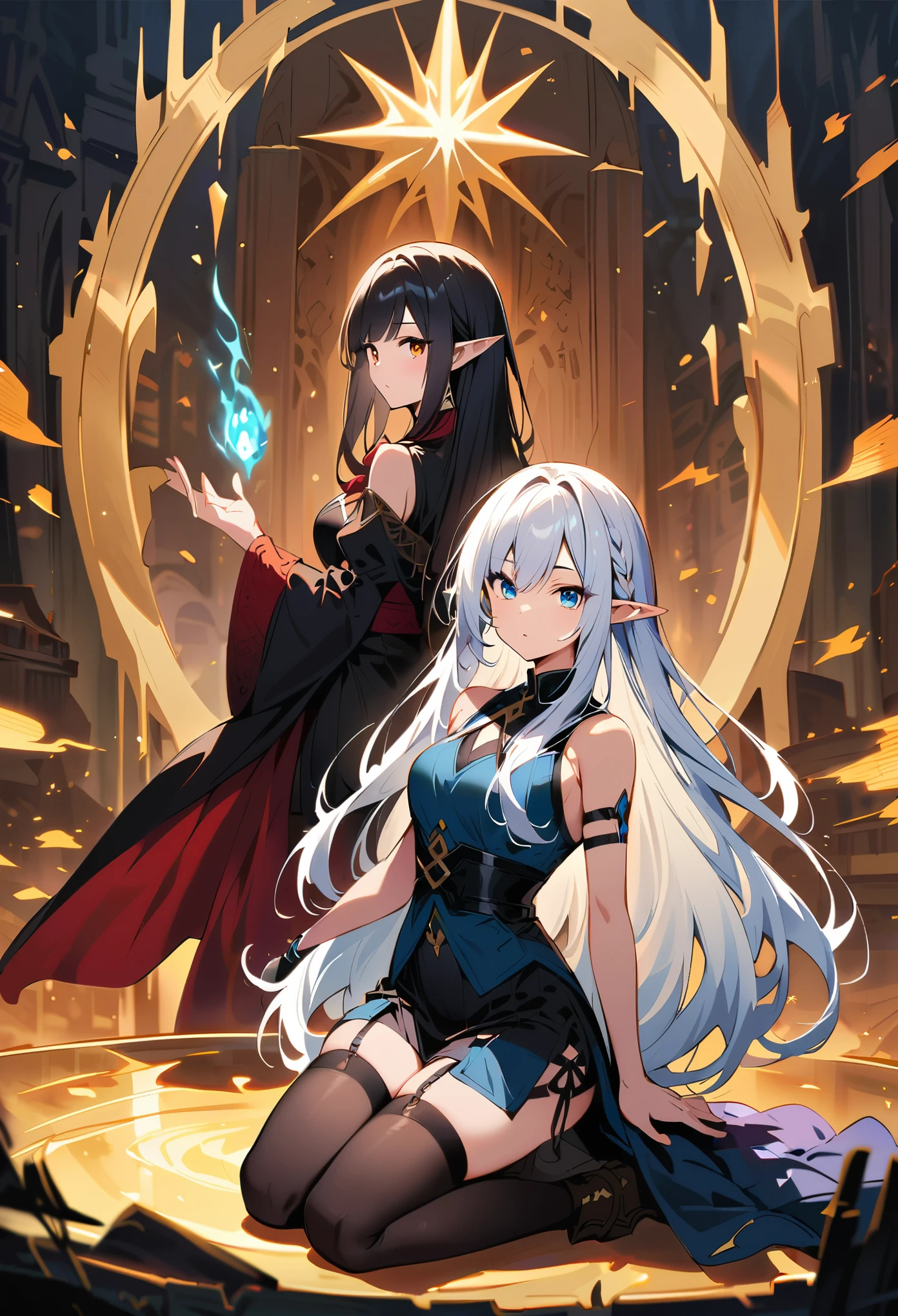 Dark Elf, 2girls, pointy ears, thighhighs, long hair, kneeling, black hair, looking at viewer, white hair, magic movie scene，fantasy，magic