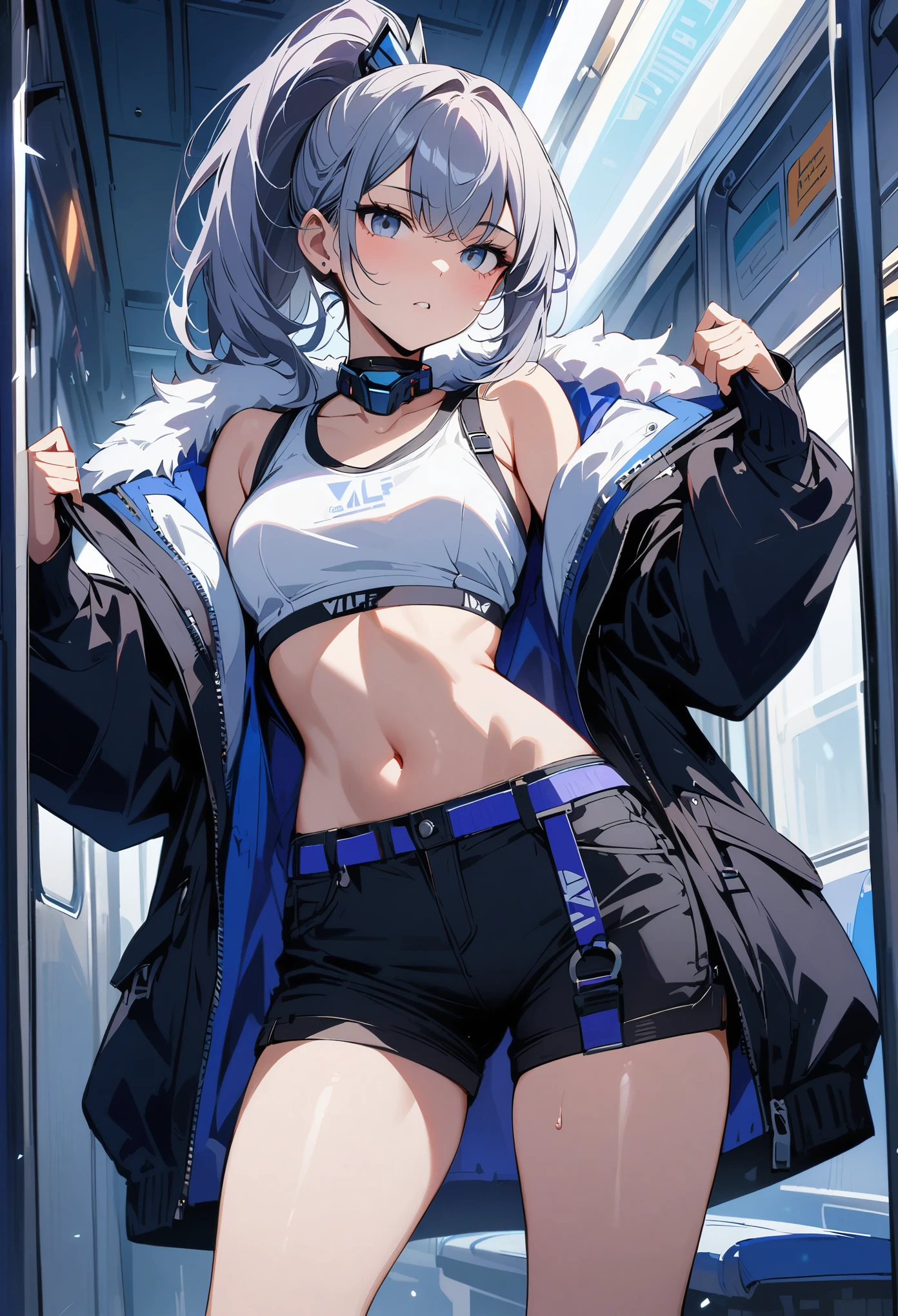 young girl on the train, gray short hair, gray eyes, high ponytail, cyberpunk, white top, open belly, shorts, fur coat, masterpiece, high quality, silver wolf