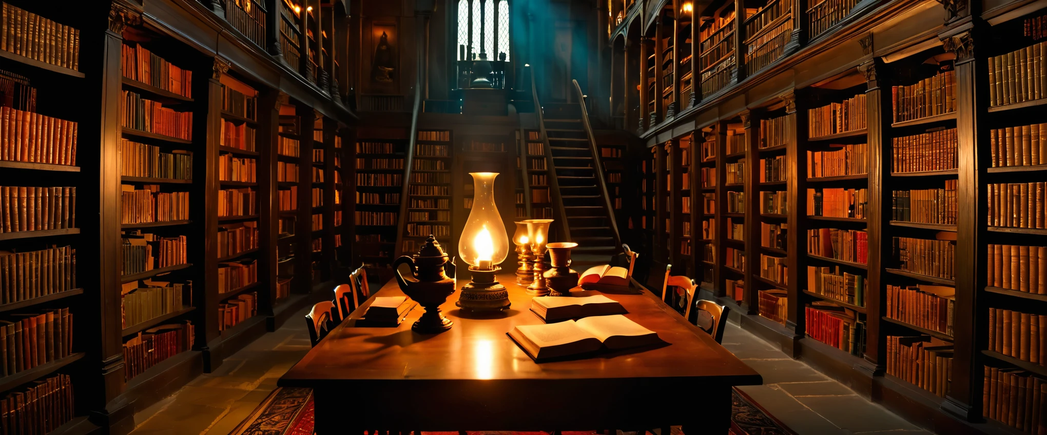A library photographed with an ultra-wide-angle lens. A library filled with a majestic atmosphere of knowledge. High linear bookshelves, ``Harry Potter'' where witches eager to study democratize the practice of magic, fantastic milky white spells swirling in the air, and flickering candles create a fantastic space. The atmosphere as if the boundaries between reality and the magical world have become blurred, the tall black boots peeking out from under the flowing cloaks, and the pens and papers scattered around the table witches' concentration are reminiscent of titles such as ``Advanced.'' It is a testament to their dedication and determination to master this difficult art book. Transfiguration, The Mystical Properties, Masterpiece, Masterpiece, 32k, 3D, Artwork, Tradition and Mysticism, Library with School of Wizardry, Perfect Composition, Photography with Wide Angle Lens, Photorealistic, Fantasy, Rich Colors, Complex details, beautiful light and shadows, zentangle elements, dim background, a wizard with an oil lamp is looking at a bookshelf