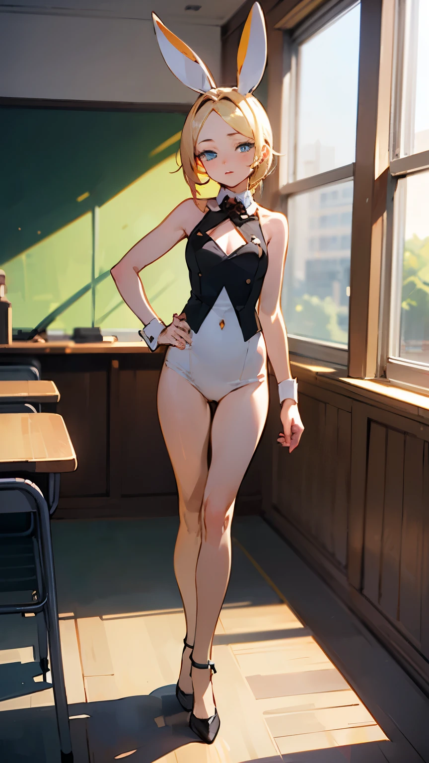 Flat chest, li, blonde hair, big green eyes, low ponytail, parted bangs, classroom, wide hips, full body, panties, (masterpiece:1), (abundant detail:1), arched, elf ears, covered erect nipple, classroom full of students, turtleneck shirt