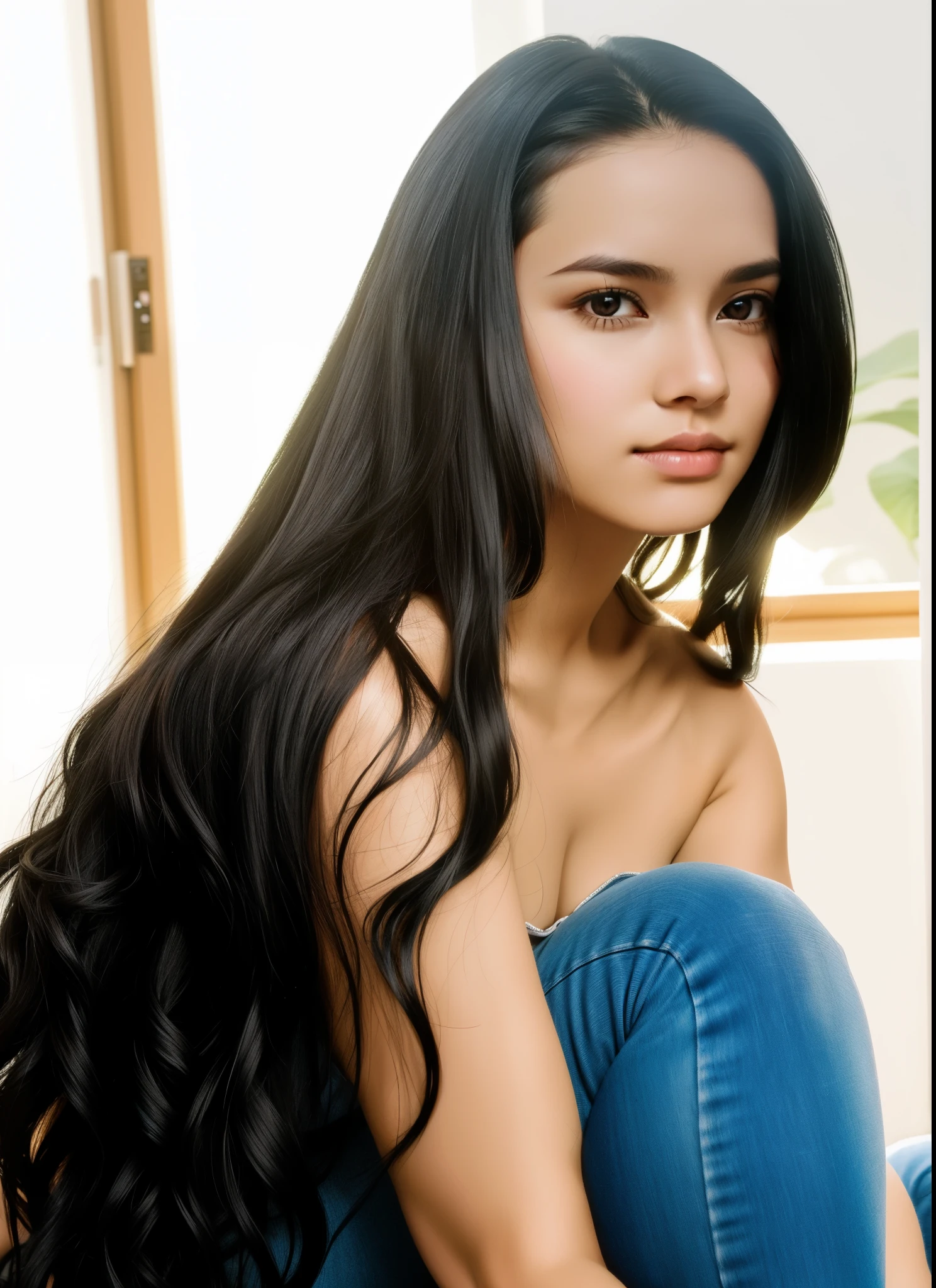 there is a woman sitting on the floor with a remote control, female with long black hair, long curvy black hair, long thin black hair, long black hair, young woman with long dark hair, wavy long black hair, long flowing black hair, with long black hair, very long flowing dark hair, long wavy black hair, long flowing dark hair, long dark hair