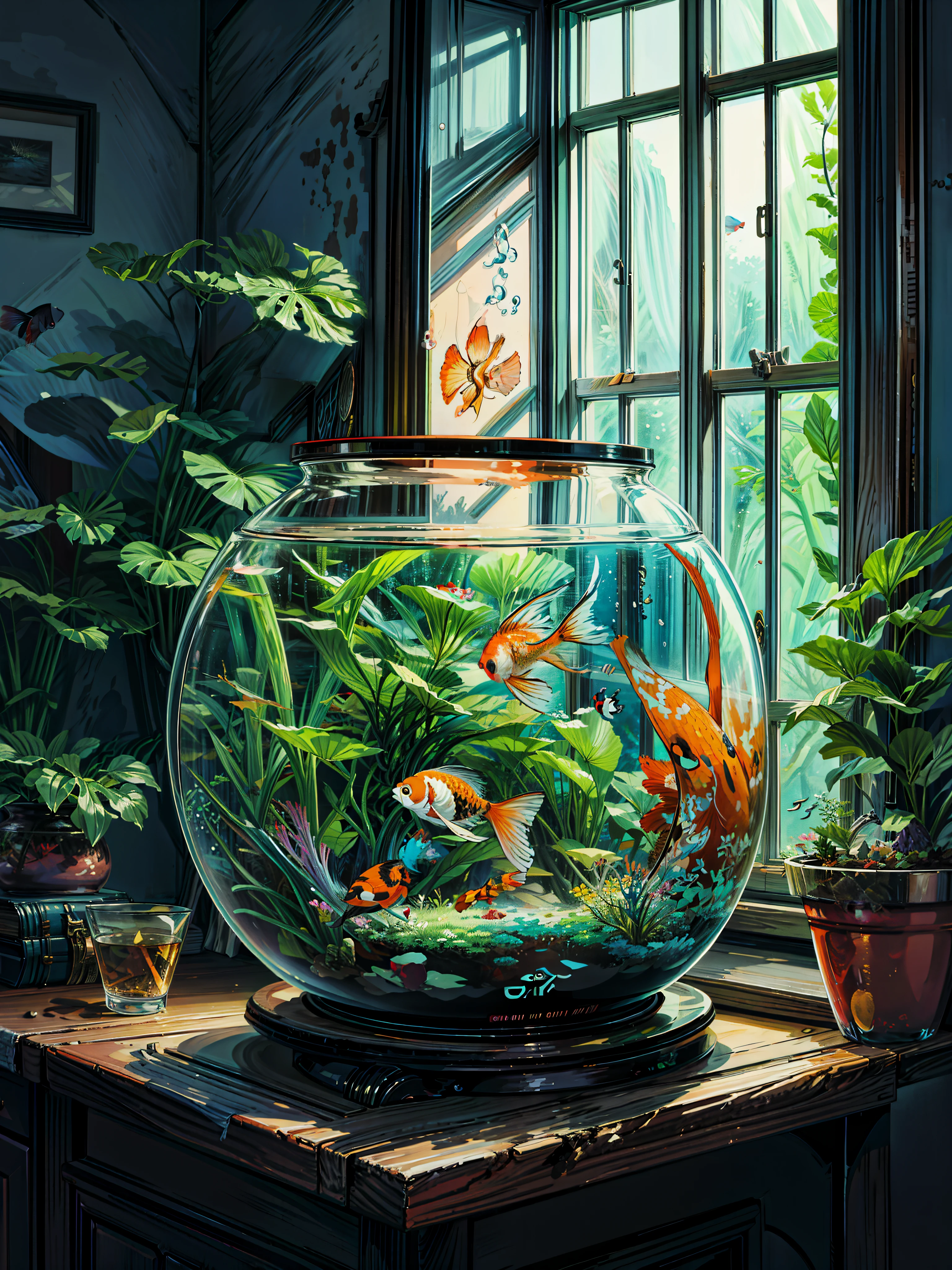 a fish bowl sitting on top of a table next to a window, fishes floating in bedroom, aquarium, fish tank, terrarium, rhads and lois van baarle, goldfish, floating goldfish, big aquarium, graphic of enchanted terrarium, lamp ( ( ( fish tank ) ) ) ), fantasy magical vegetation, ( ( ( koi colors ) ) ), 4k hd,, beautiful art uhd 4 k, a beautiful artwork illustration, beautiful digital painting, highly detailed digital painting, beautiful digital artwork, detailed painting 4 k, very detailed digital painting, rich picturesque colors, gorgeous digital painting