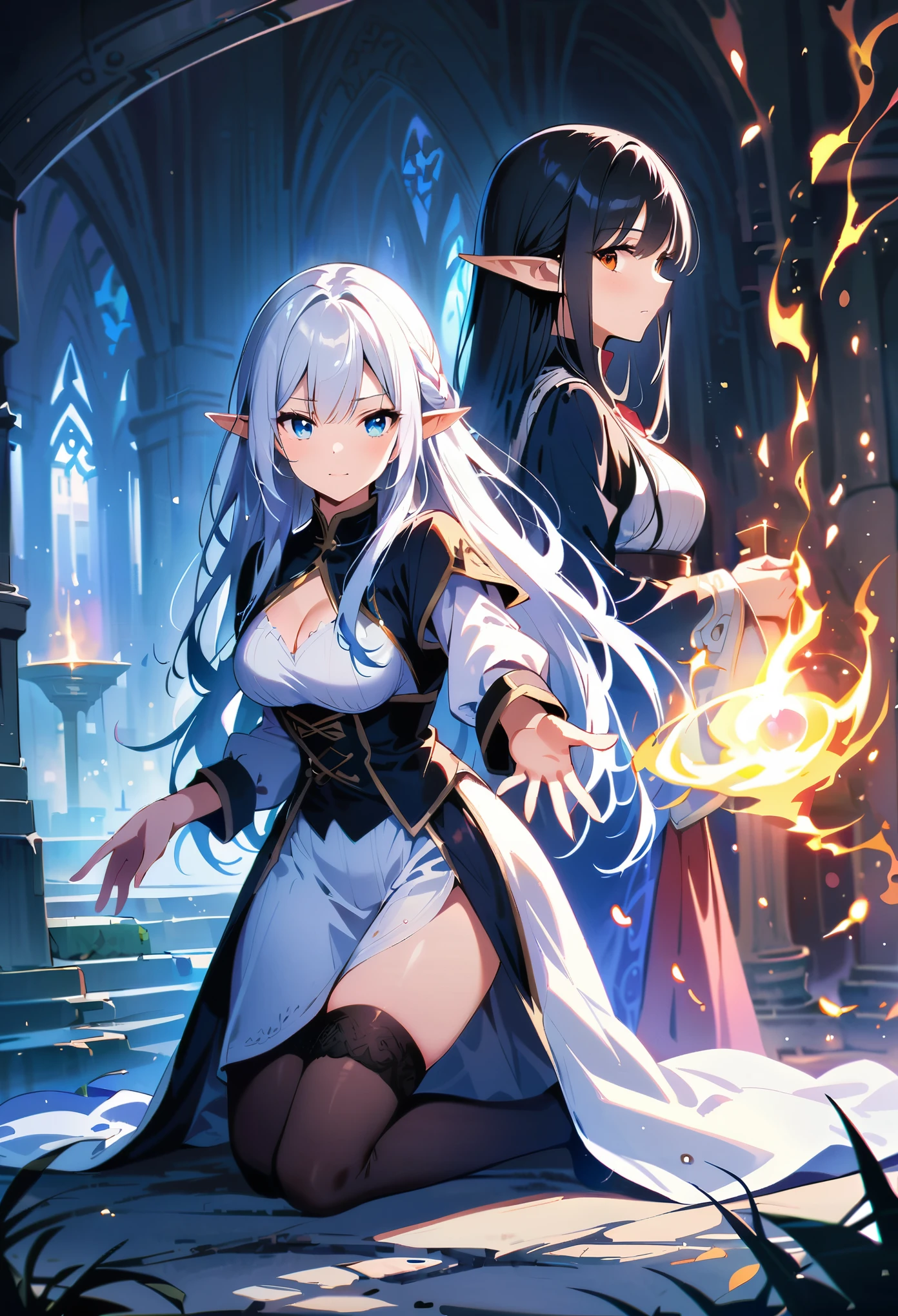 Dark Elf, 2girls, pointy ears, thighhighs, long hair, kneeling, black hair, looking at viewer, white hair, magic movie scene，fantasy，magic