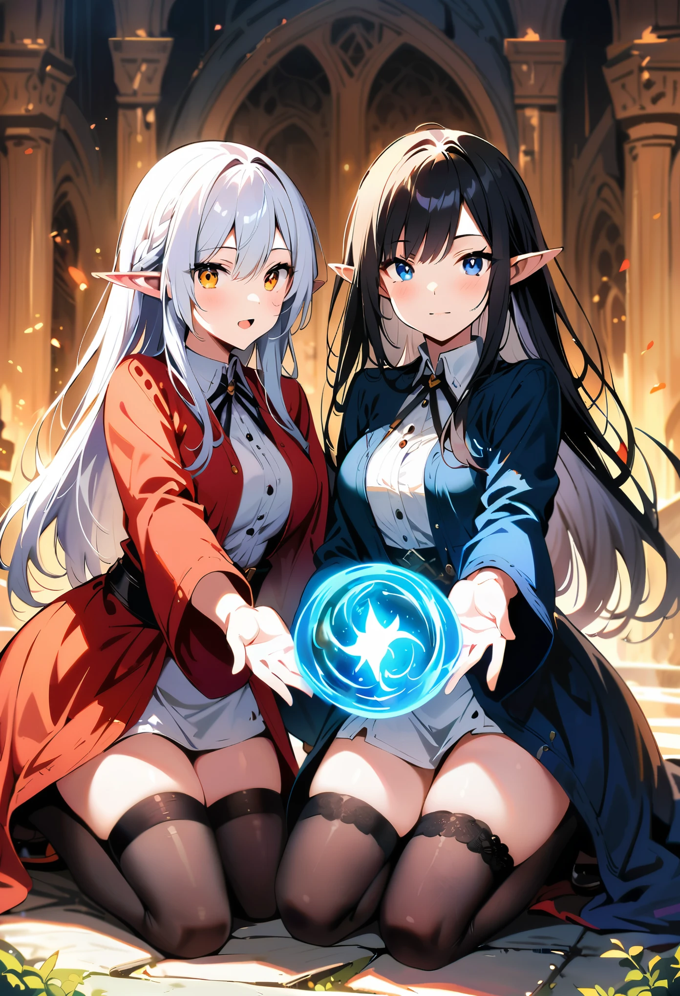 Dark Elf, 2girls, pointy ears, thighhighs, long hair, kneeling, black hair, looking at viewer, white hair, magic movie scene，fantasy，magic