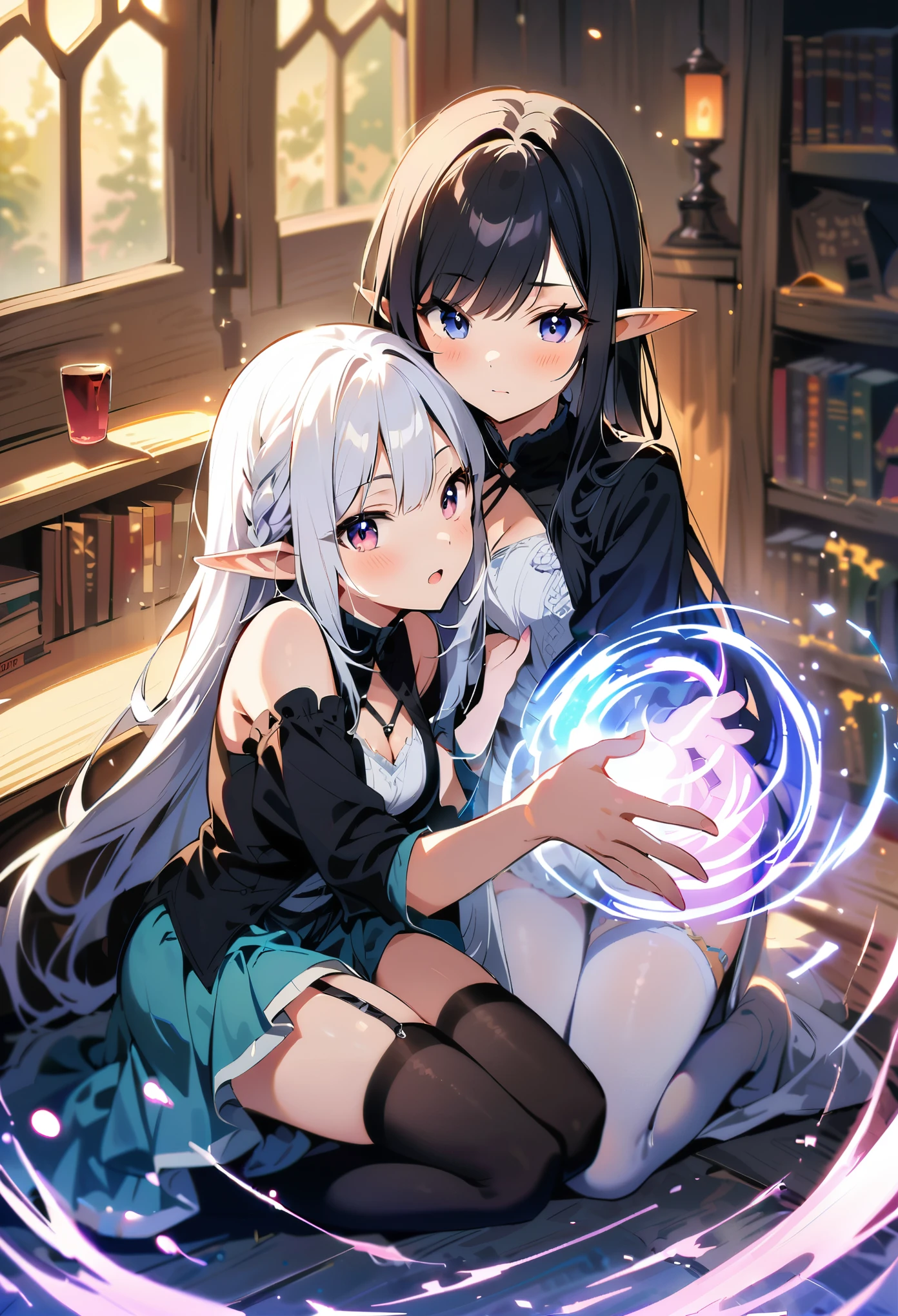 Dark Elf, 2girls, pointy ears, thighhighs, long hair, kneeling, black hair, looking at viewer, white hair, magic movie scene，fantasy，magic