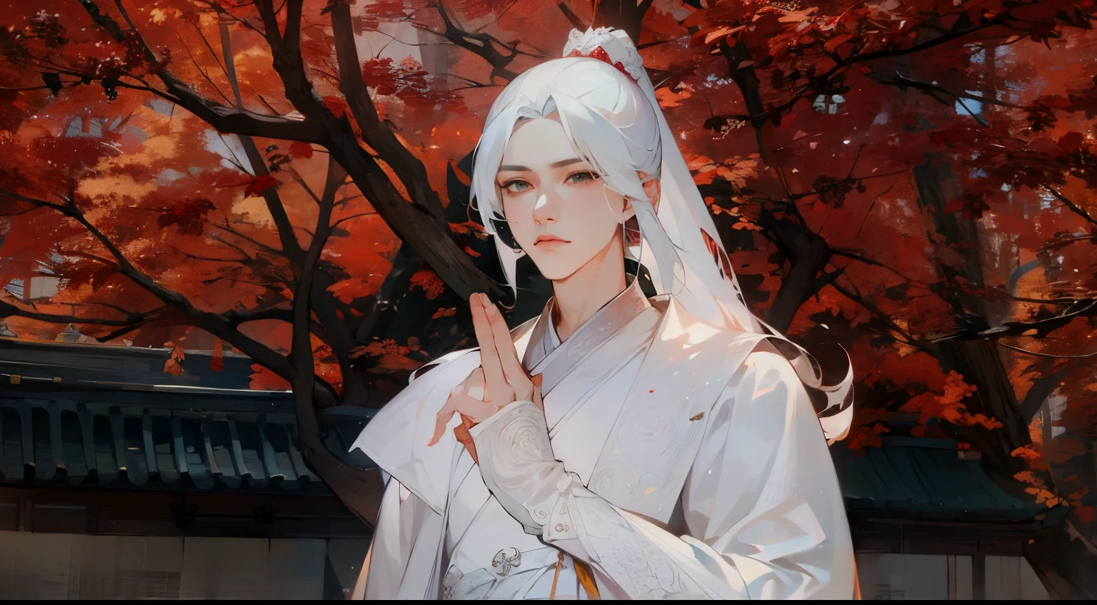 There is a woman in white clothing posing for a photo, heise jinyao, with white hair, White Hanfu, Inspired by Bian Shoumin, with long white hair, White-haired God, Inspired by Ren Hong, Inspired by Huang Shen, Inspired by Zhang Han, Inspired by Lu Ji, inspired by Guan Daosheng