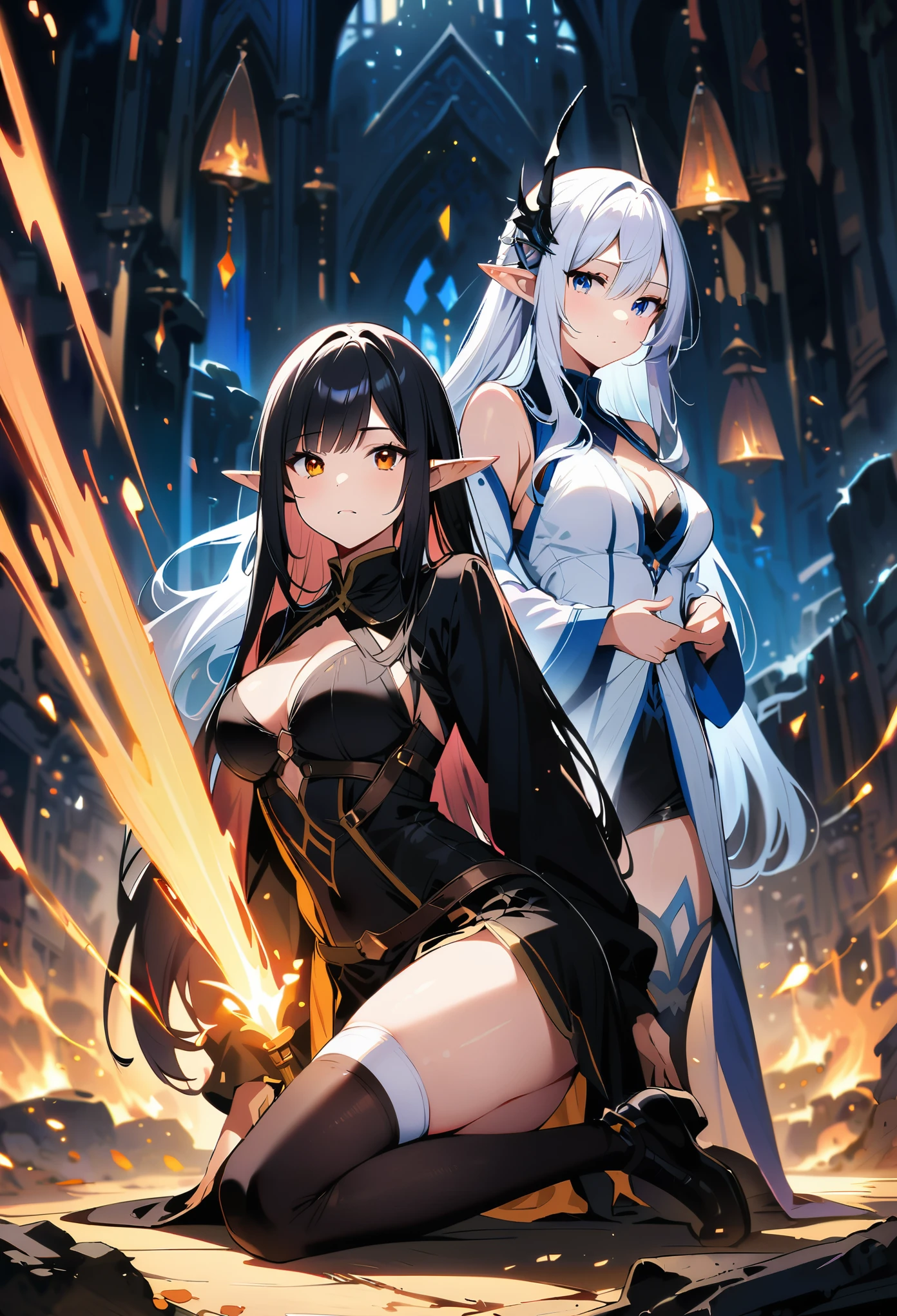 Dark Elf, 2girls, pointy ears, thighhighs, long hair, kneeling, black hair, looking at viewer, white hair, magic movie scene，fantasy，magic