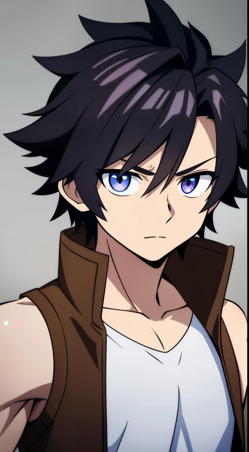 (high-quality, breathtaking),(expressive eyes, perfect face) 1boy, male, solo, age 15, ??? age, masculine face, dark brown color hair, purple eye color, spiky hair, medium hair length, shoulder length hair, relaxed expression, 4" Height, childlike face, modern clothing, brown sleeveless jacket, fluff jacket, Symmetrical Eyes, portrait, headshot, wide shot, black background, grey background, narrow eyes,
