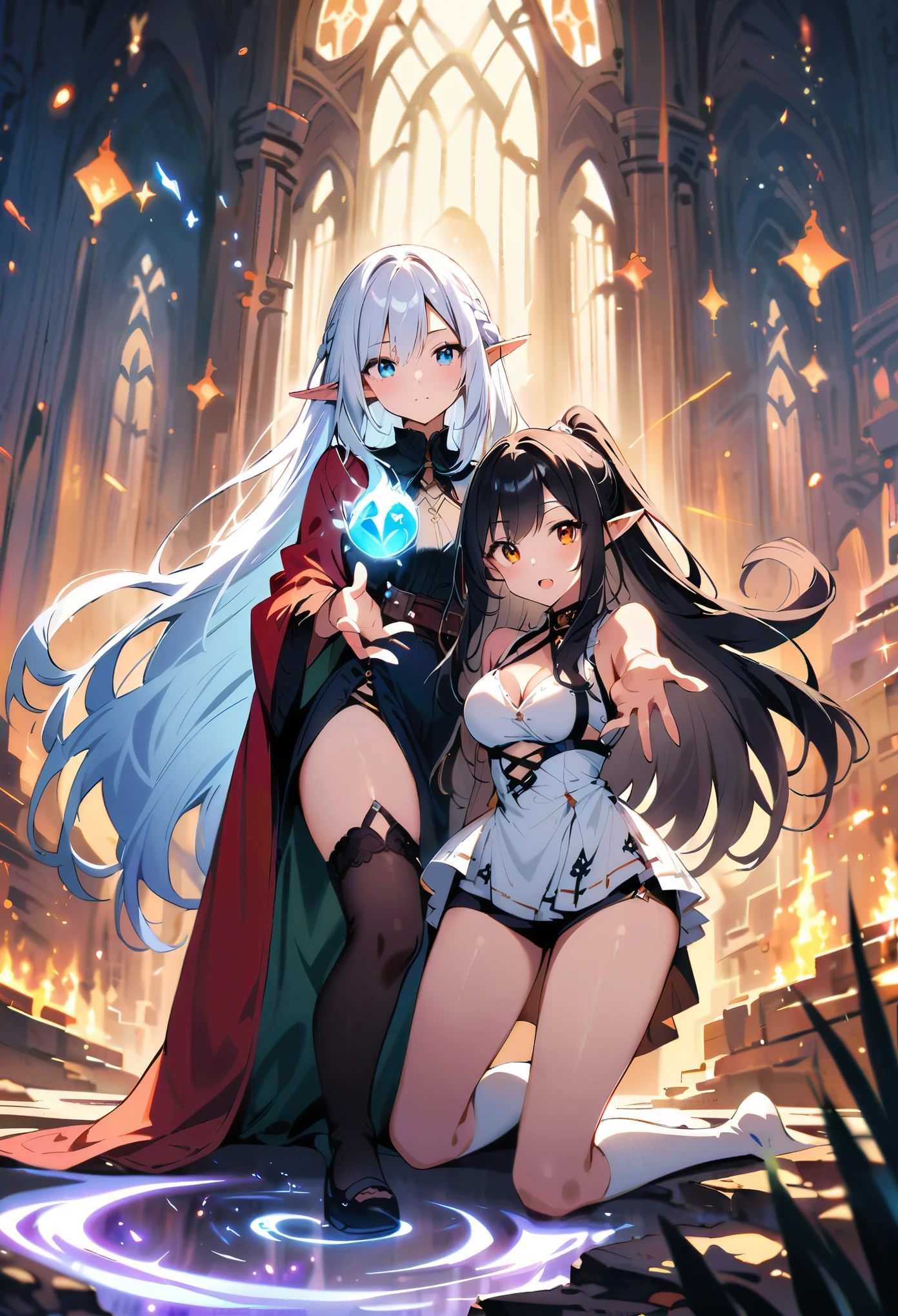 Dark Elf, 2girls, pointy ears, thighhighs, long hair, kneeling, black hair, looking at viewer, white hair, magic movie scene，fantasy，magic