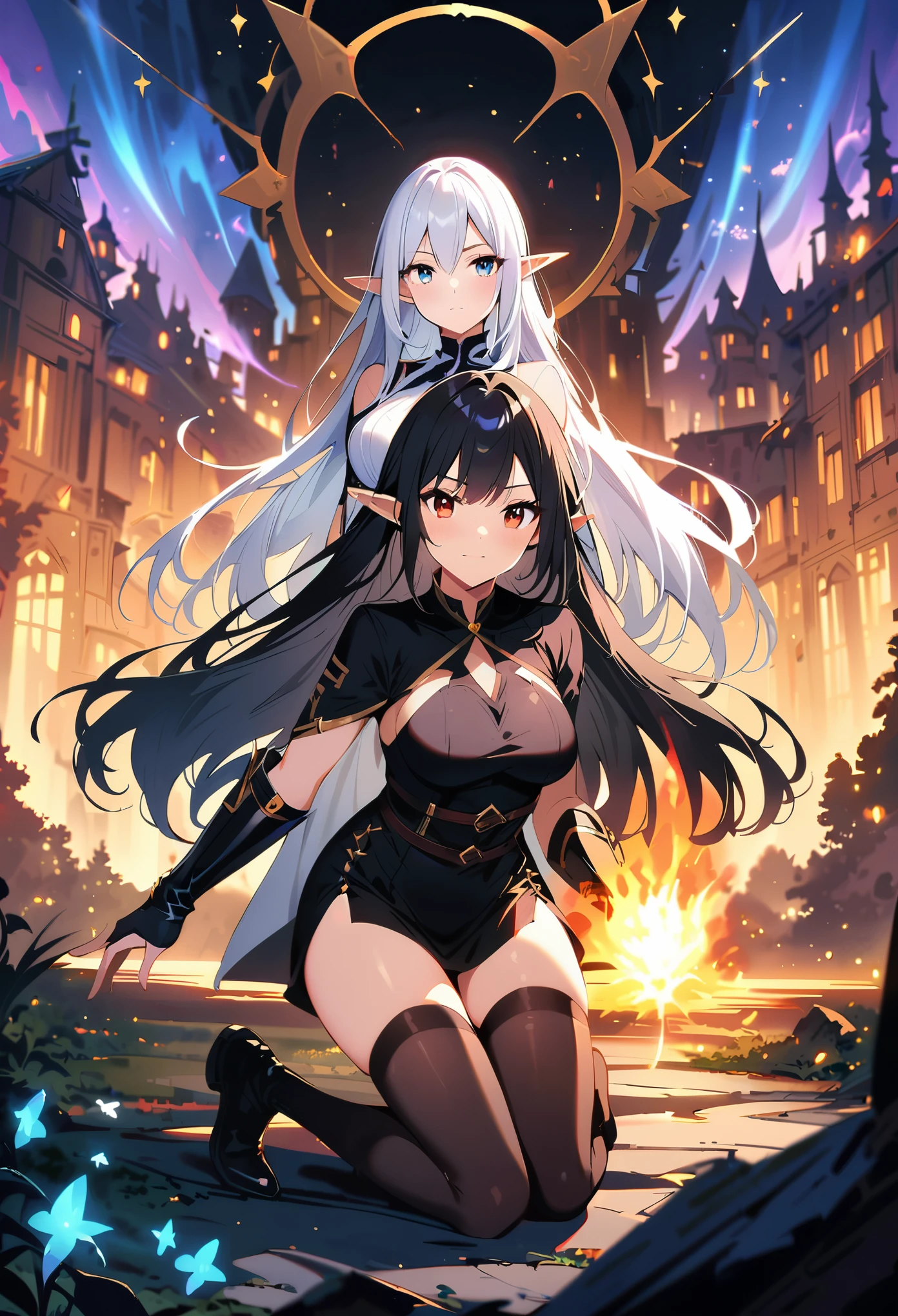 Dark Elf, 2girls, pointy ears, thighhighs, long hair, kneeling, black hair, looking at viewer, white hair, magic movie scene，fantasy，magic