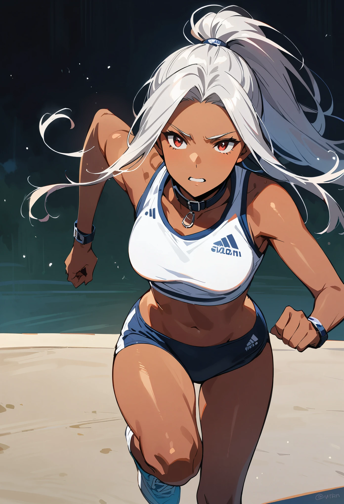 (on the table: 1.2, best quality), 1 lady, alone, silver hair,long hair, Red eyes, dark skin,sunburn,bronzed skin,Elvish、collar,silver accessories,sportswear,running,ponytail