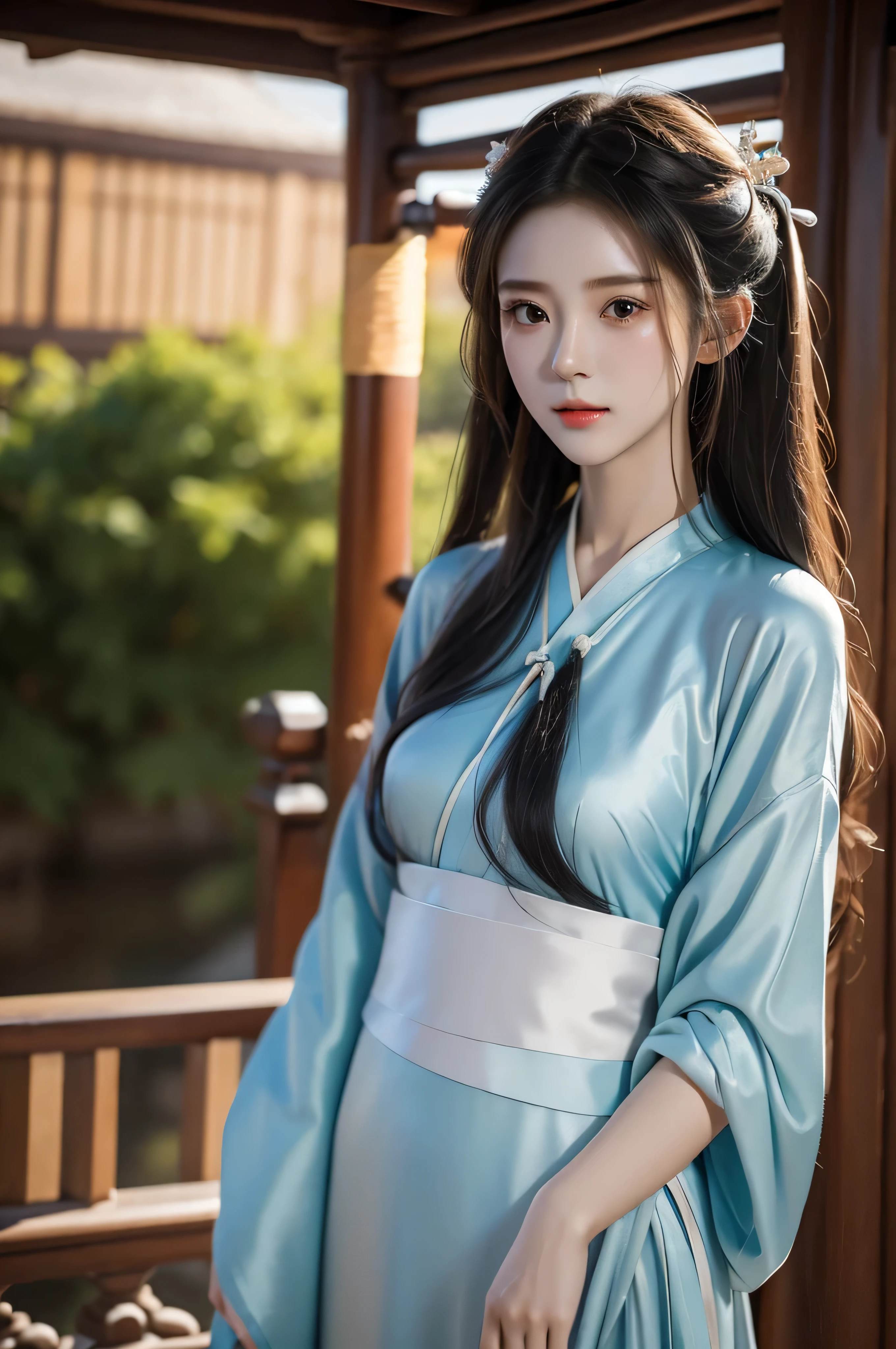 Fair, masterpiece, best quality, extremely detailed face,1 girl, alone，wrap your chest，Light Hanfu，whole body