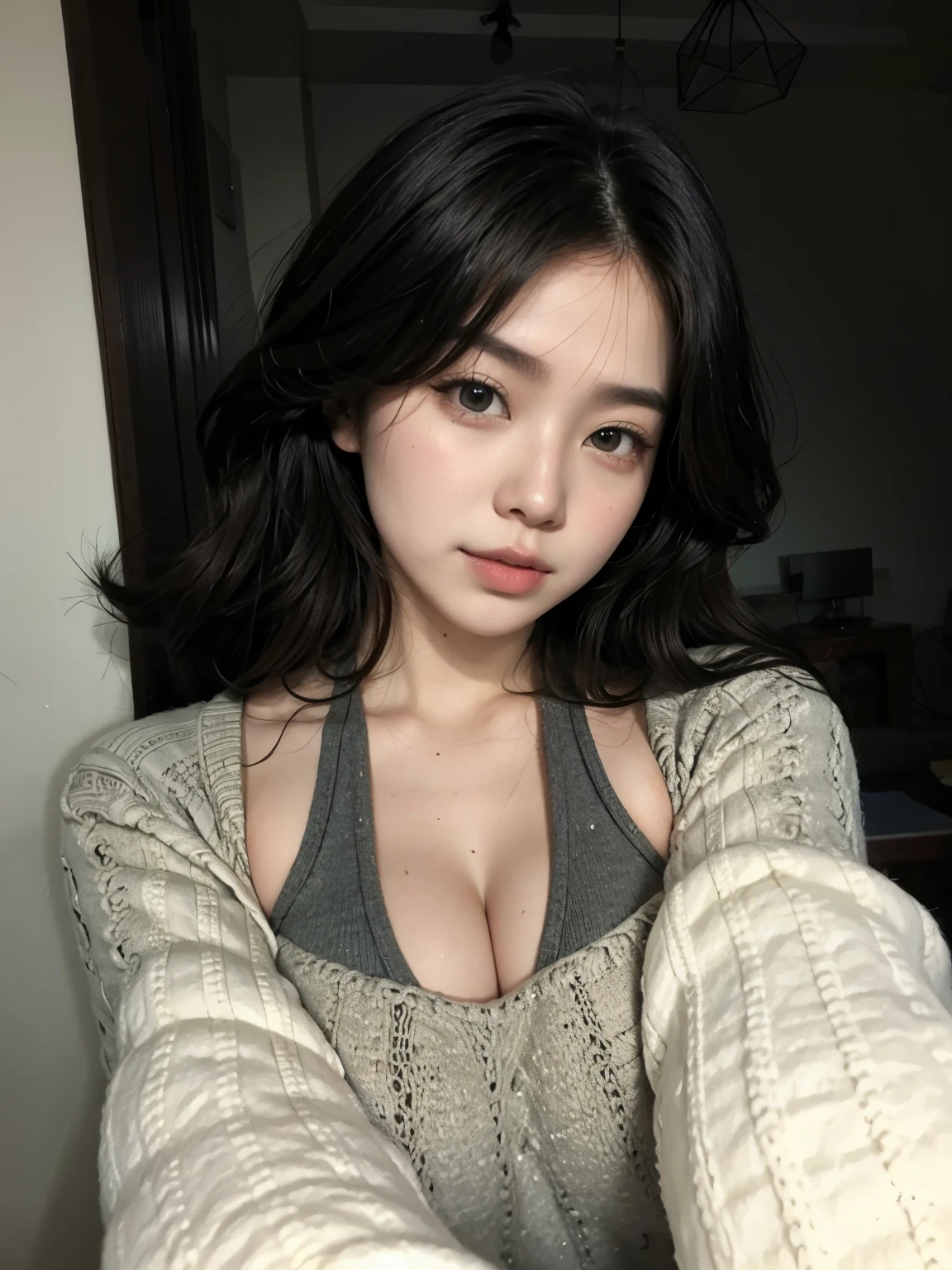 Close-up of a woman wearing a sweater while posing for a photo., ulzzang, gorgeous young mujer coreana, coreana, beautiful young mujer coreana, beautiful south mujer coreana, beautiful Asian, pelo negro y ojos grandes, joven y encantadora cara coreana, con pelo corto, looks sexy on camera, hermoso rostro estetico, mujer coreana, Asian