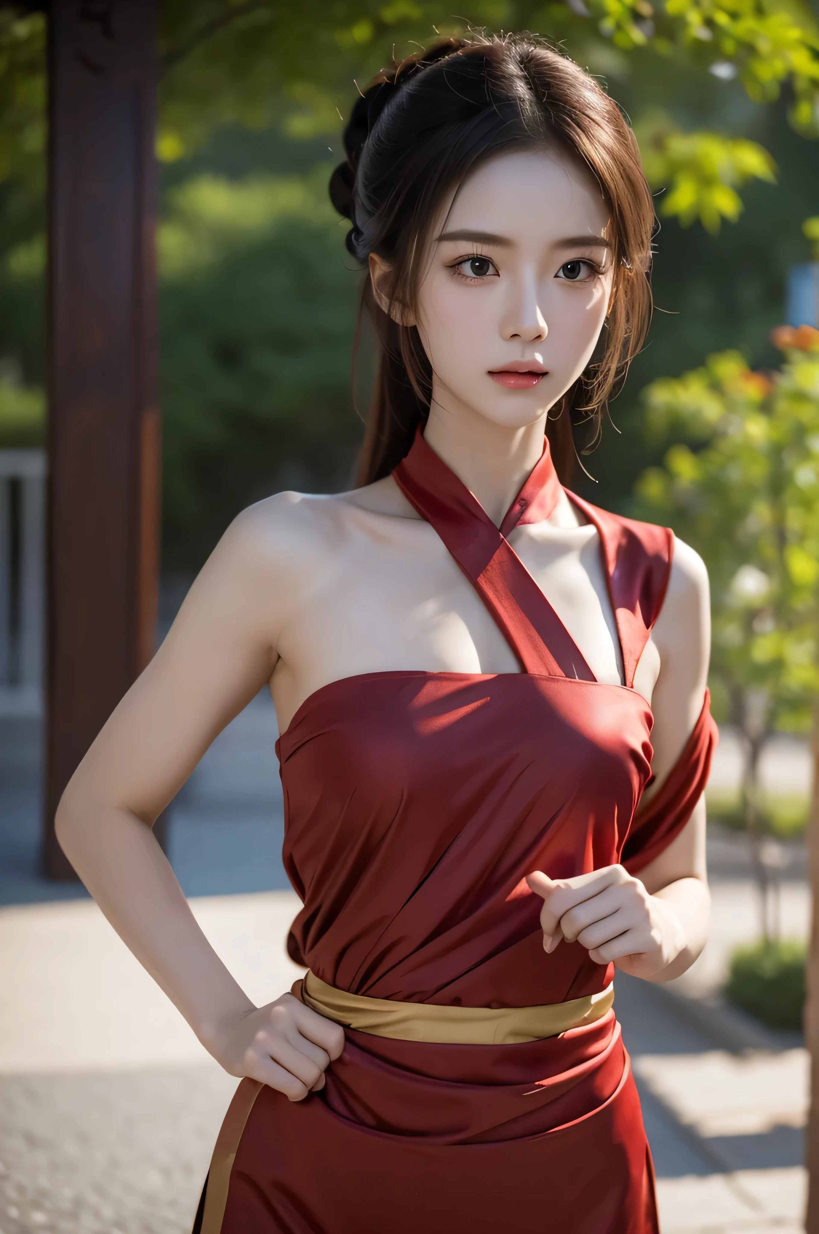 Fair, masterpiece, best quality, extremely detailed face,1 girl, alone，wrap your chest，red hanfu，whole body