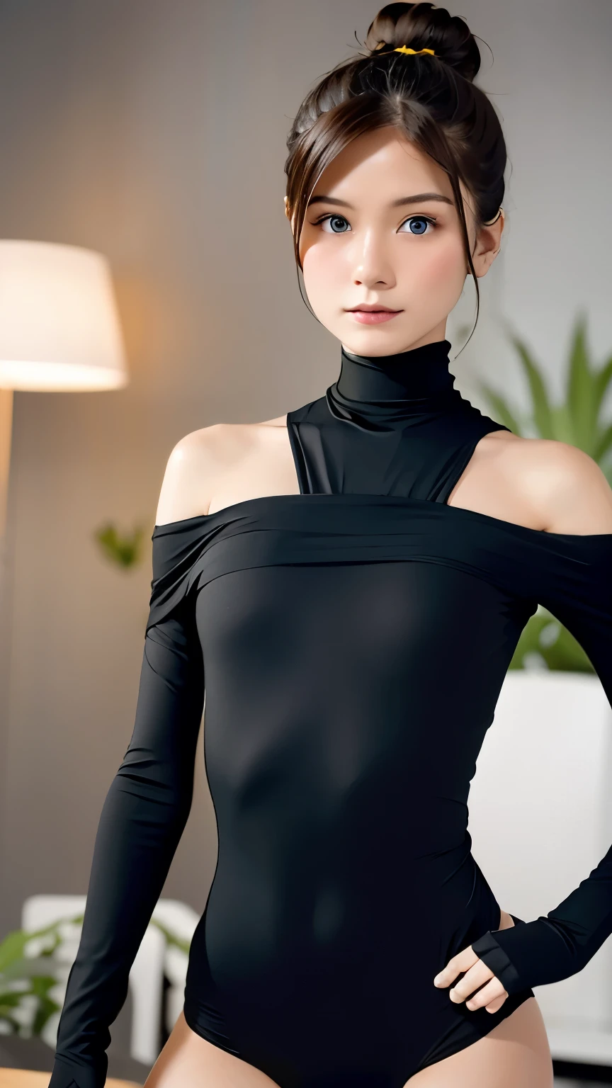 skin tight black top:1.2, looking at the viewer, cinematic lighting, perfection, soft light, high resolution skins:1.2, realistic skin texture, 14 years、small face、No makeup、, off shoulder,bust B cup、small valley, blue eyes, bun hair, dark brown hair、full nude、gray background、