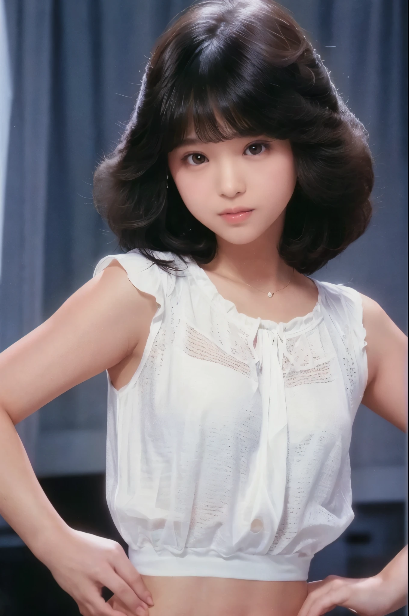 (masterpiece, realistic, ultra high resolution, high quality:1.2),25 year old girl, (young),(no makeup), (white sheer blouse:1.3),Fluffy blouse、Fluffy blouse、blouse has no buttons、oversized breasts、best breasts、biggest 、Fluffy bra、sheer ruffle bra、black hair, short hair、hair is curled outside、Hair curls outward、small curl hair、wedding veil、portrait, (full body) , old photograph, 80'Style , dynamic pose, studio, (seikomatsuda:1.2)