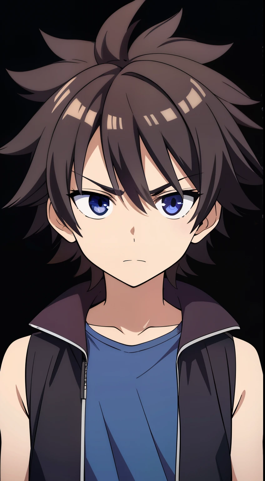 (high-quality, breathtaking),(expressive eyes, perfect face) 1boy, male, solo, age 15, ??? age, masculine face, dark brown color hair, purple eye color, spiky hair, medium hair length, shoulder length hair, relaxed expression, 4" Height, childlike face, modern clothing, brown sleeveless jacket, fluff jacket, Symmetrical Eyes, portrait, headshot, wide shot, black background, grey background, narrow eyes,