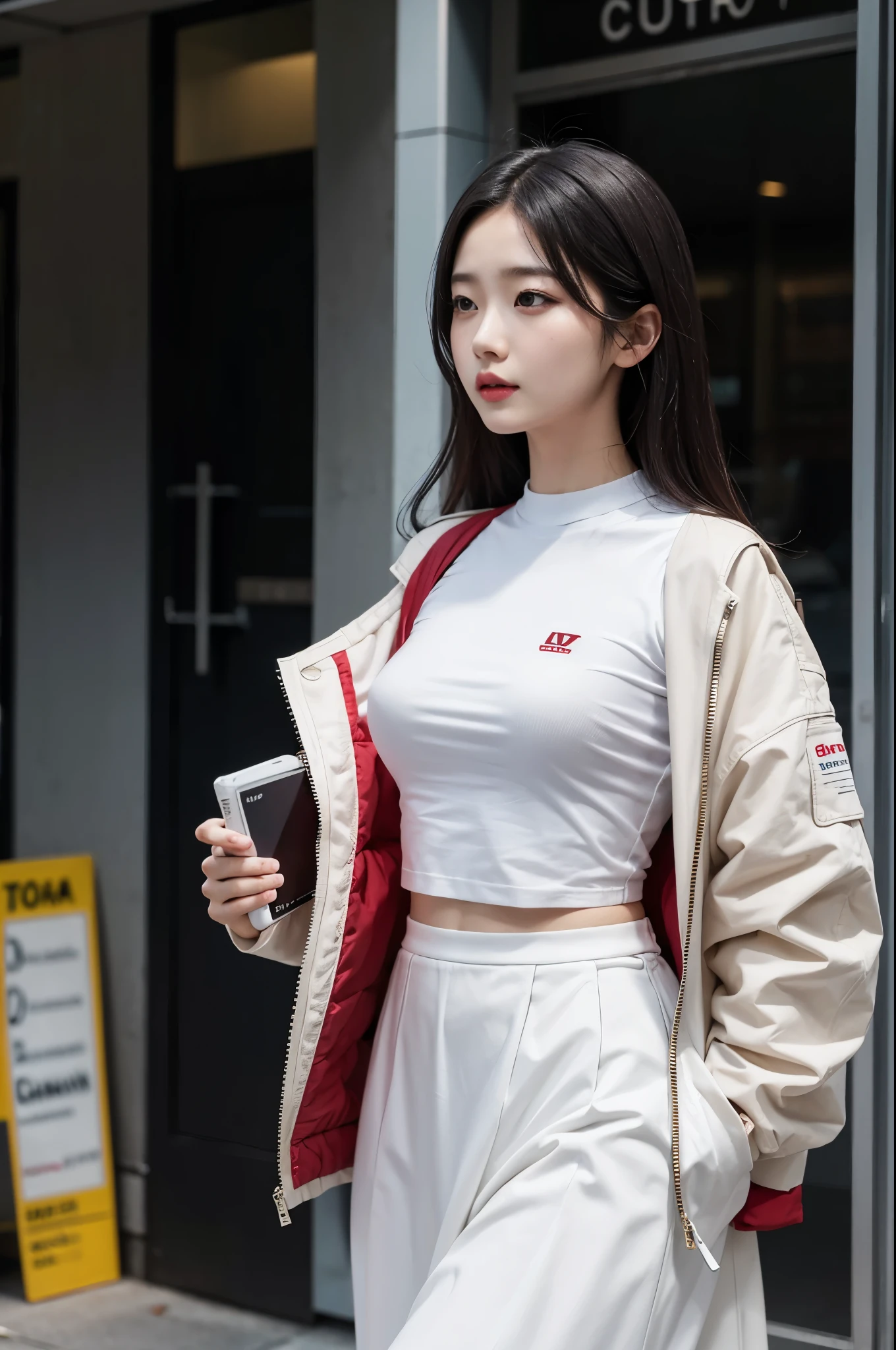 Arafe woman walking down the street wearing white top and red jacket, black skirt, korean beauty, poop head, different actions,