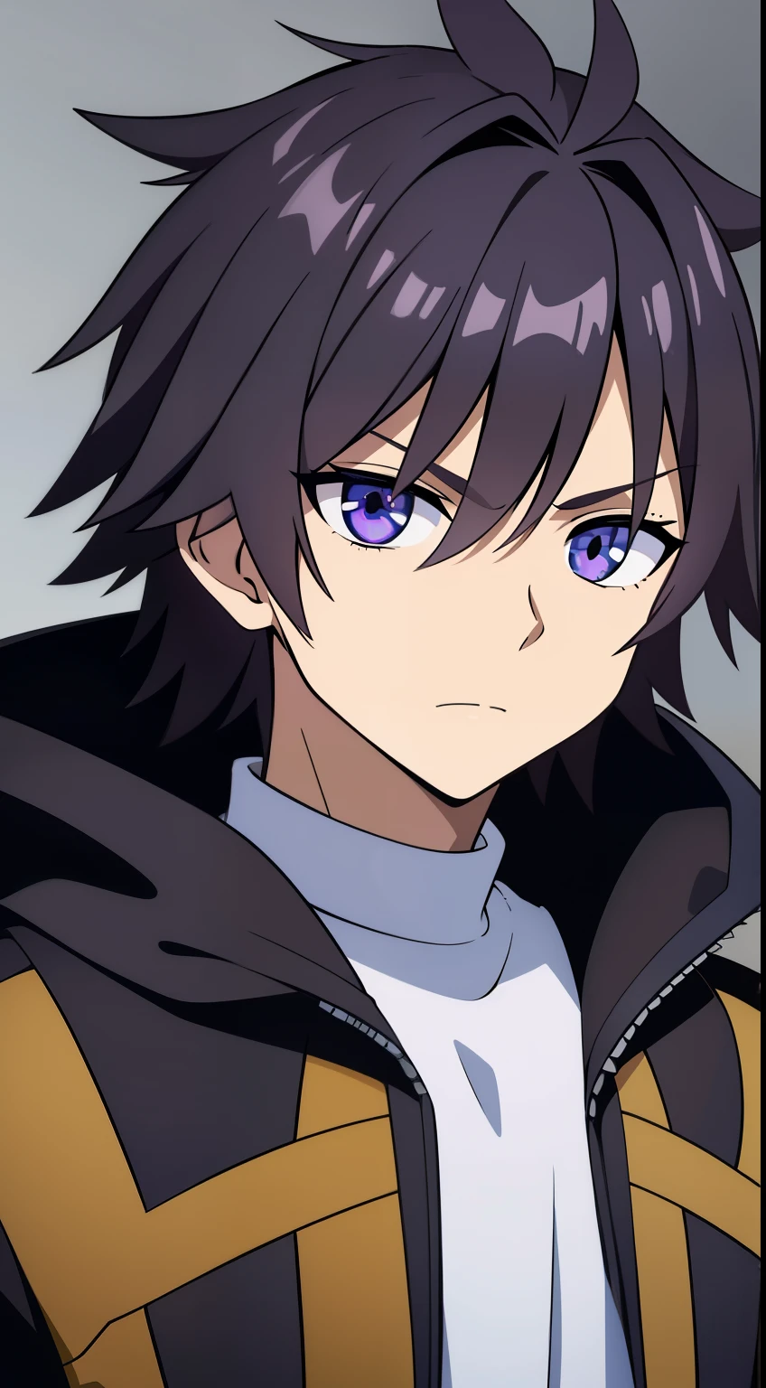 (high-quality, breathtaking),(expressive eyes, perfect face) 1boy, male, solo, age 15, ??? age, masculine face, dark brown color hair, purple eye color, spiky hair, long hair length, relaxed expression, 4" Height, childlike face, modern clothing, brown sleeveless jacket, fluff jacket, Symmetrical Eyes, portrait, headshot, wide shot, black background, grey background, narrow eyes,