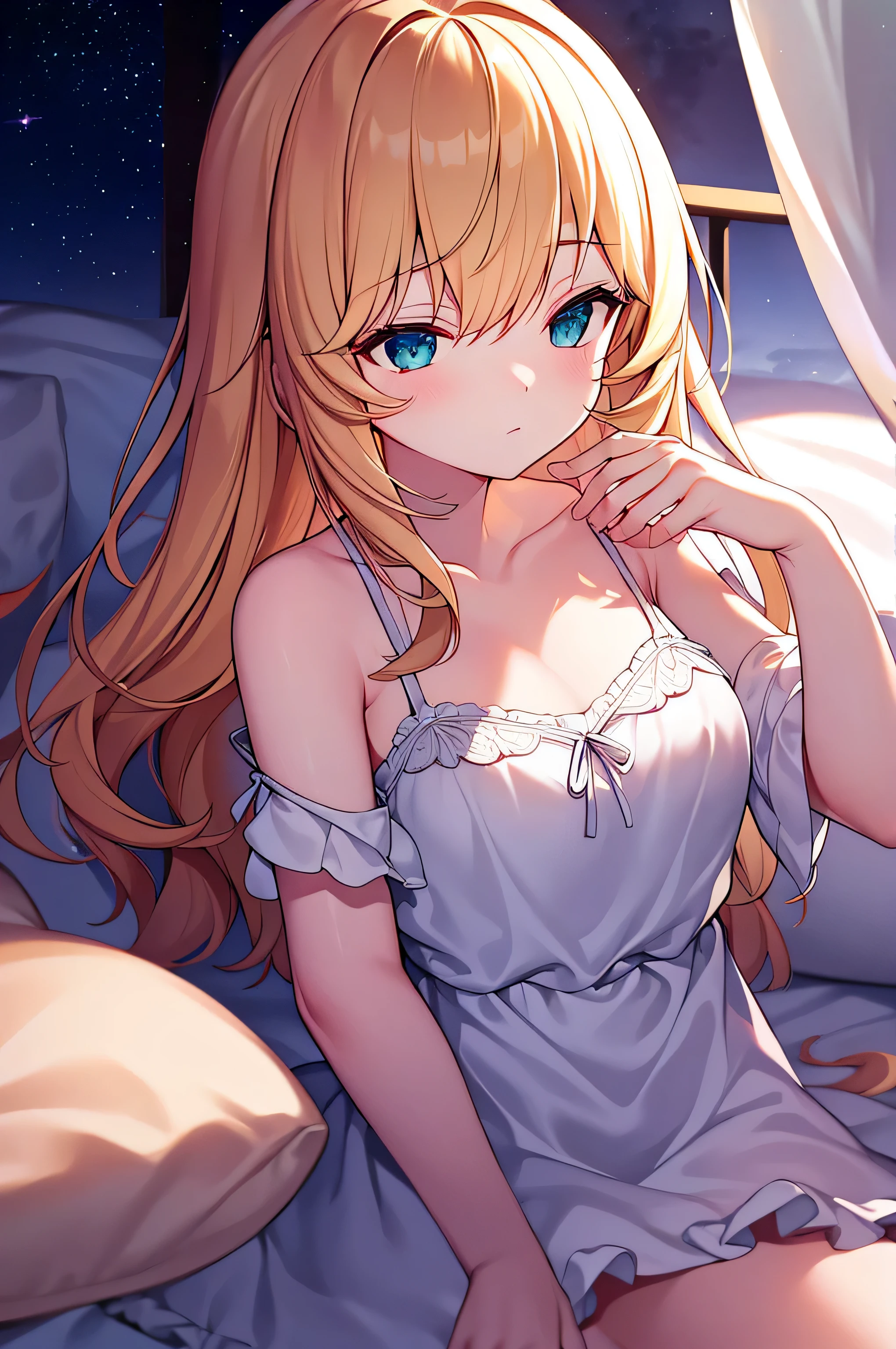 long hair, Bangs, sleep with eyes closed,Windows，Romantic starry sky，A shooting star passed by,pink nightgown,White string underwear,barefoot,Sleeping on your back in bed,night,Sleep with your head on the pillow,darkroom,night, moonlight,
rest indoors, bedroom,
rest (masterpiece:1.2), best quality, High resolution, unified 8k wallpaper, (number:0.8), Very rich facial details, perfect lighting, Very detailed CG, (perfect hands, perfect anatomy),