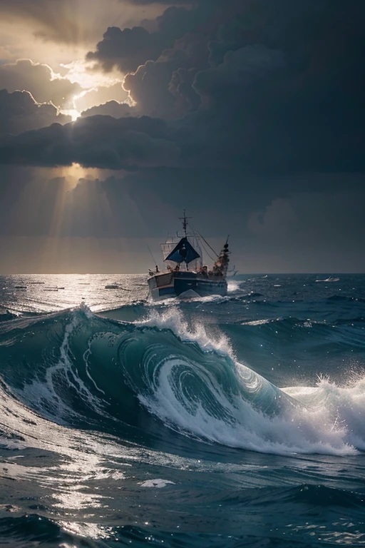 Phoenicians seafaring and trading in the Mediterranean world during the first millennium BCE. rain falling, vibrant swirls of clouds and the vast oceans waves. mesmerizing animation of waves flowing gracefully, their movements fluid and rhythmic. Each wave builds upon the last, creating a sense of continuous motion and harmony with the ocean's surface. The colors of the waves shift subtly, reflecting the play of light and shadow on the water, adding depth and realism to the scene."