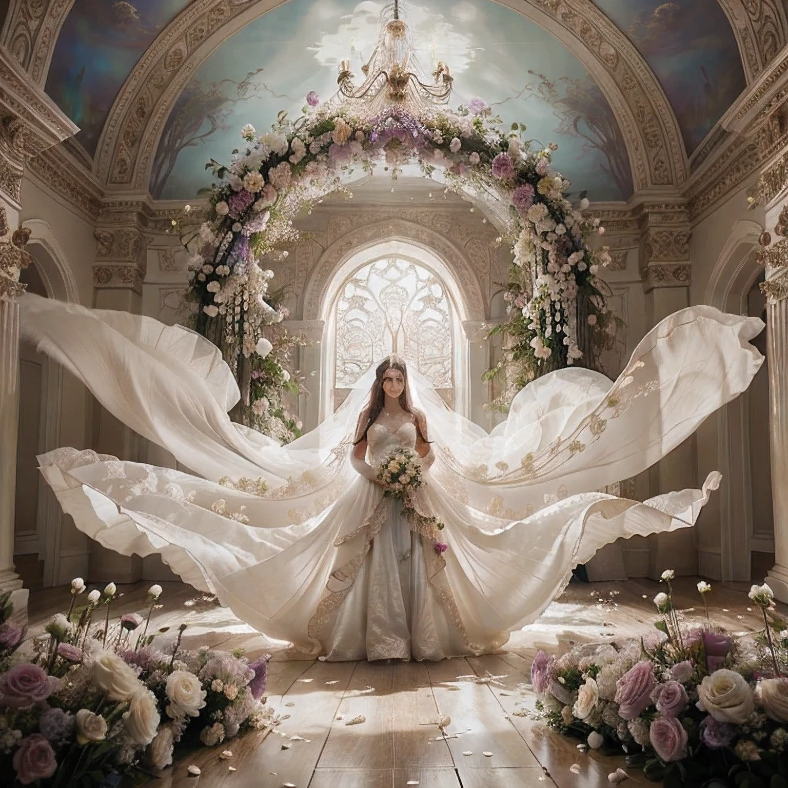 arafed woman in a wedding dress standing in a room with flowers, miss aniela, ethereal fantasy, ethereal beauty, ethereal fairytale, endless flowing ethereal drapery, dreamy atmosphere and drama, beautiful digital artwork, breathtaking fantasy art, romanticism art style, ornate and flowing, fantasy photography, dreamy art, ethereal!!!, magical atmosphere + masterpiece, beautiful fantasy art