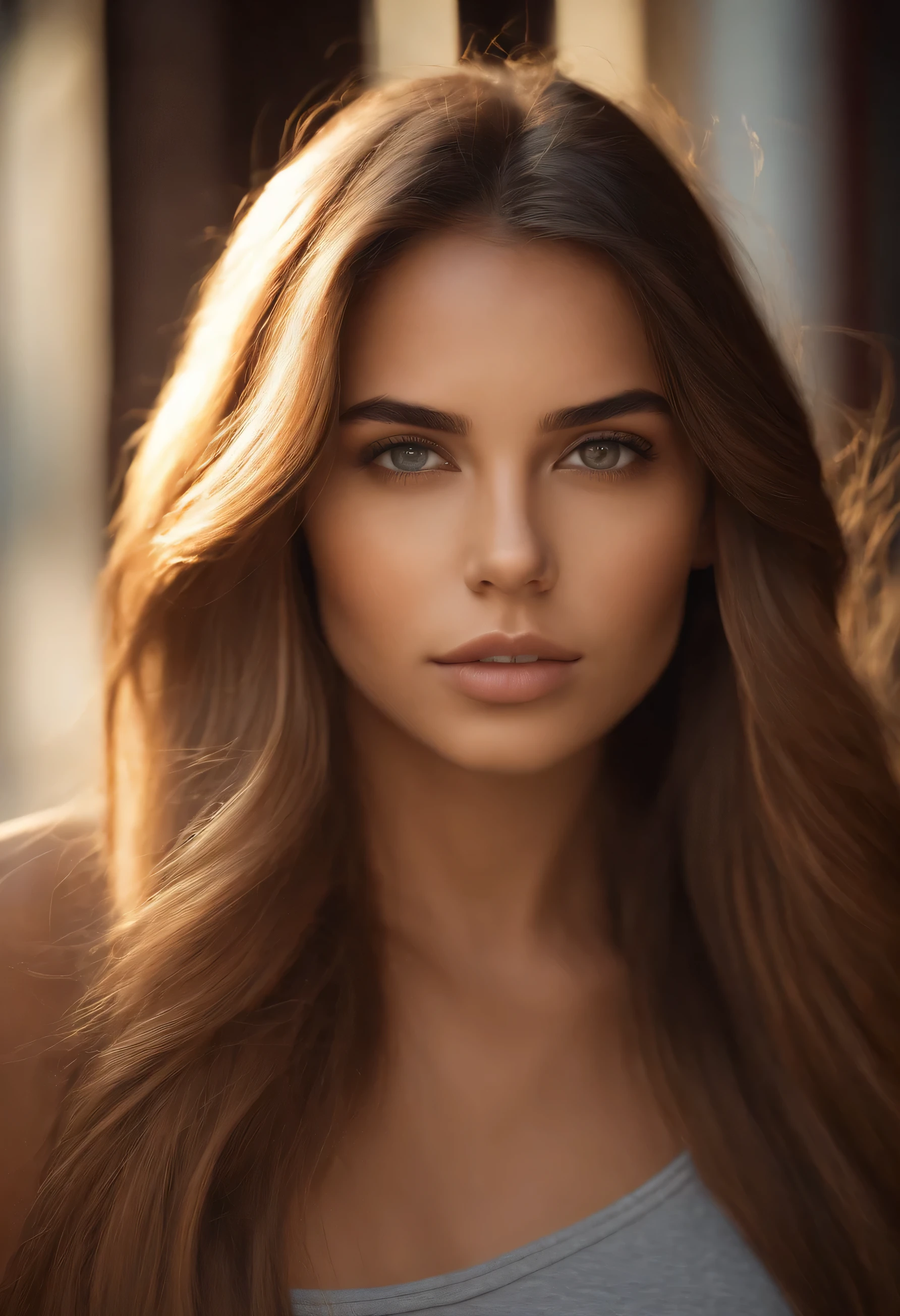 Natural photography of a girl, wearing a loose crop top, leaning over, long straight light brown hair, locks eyes into the camera, symmetrical eyes, symmetrical face, photorealistic, photography, path tracing, specular lighting, volumetric face light, path traced hair, visible shadows, intricate, elaborate, street art background, 8k ,more realistic