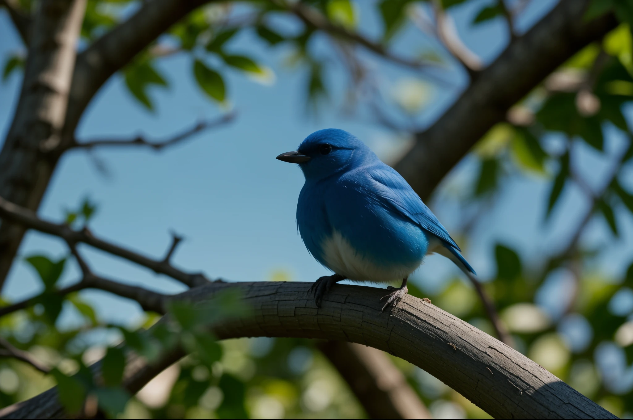 (Bluebird),(sitting on a tree branch),(de cerca),(Fotorrealista),(plumas detalladas),(vivid colors),(suave luz del sol),(nature backdrop),(bokeh),(Ojos ultra detallados),(sharp focus),(Texturas realistas:1.1),(Detalles finos),(sharp contours),(High Definition),(Hojas verdes exuberantes),(cielo azul intenso),(fondo ligeramente borroso)