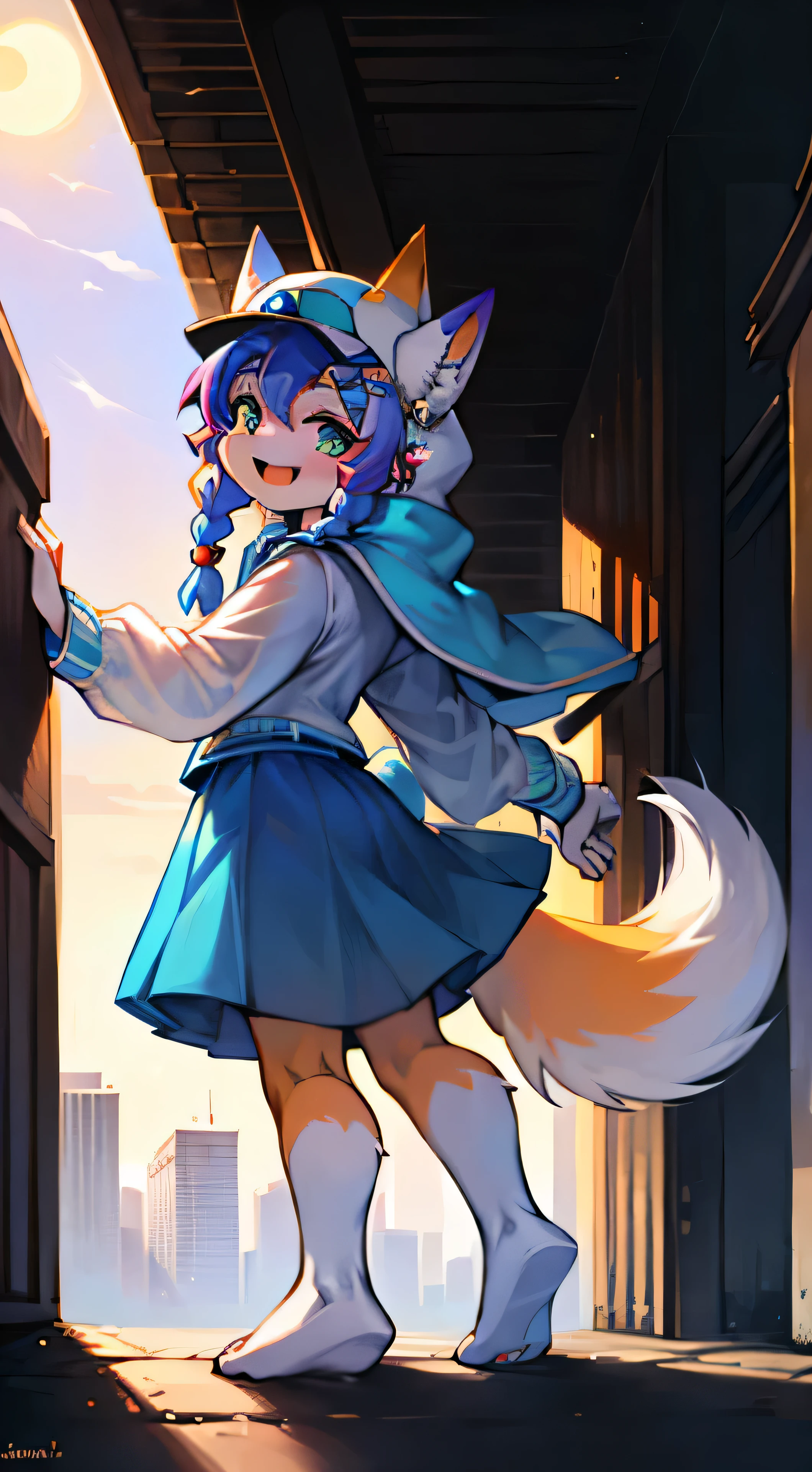 1. A teenage girl, straight-on in full body pose, gazes directly at the viewer with a playful expression, her multicolored hair adorned with a hairpin, a few strands falling between her eyes. Her twin braids hang down her back, and a fox tail with multiple tails springs from behind. She wears a blue baseball cap, a white hoodie with clothes writing, her hood down, long sleeves, and a closed mouth. A blue skirt covers her lower body, and she stands barefooted next to a lone tree, with a cityscape of buildings and a cityscape behind, the sun casting a warm light on the scene. The day is bright