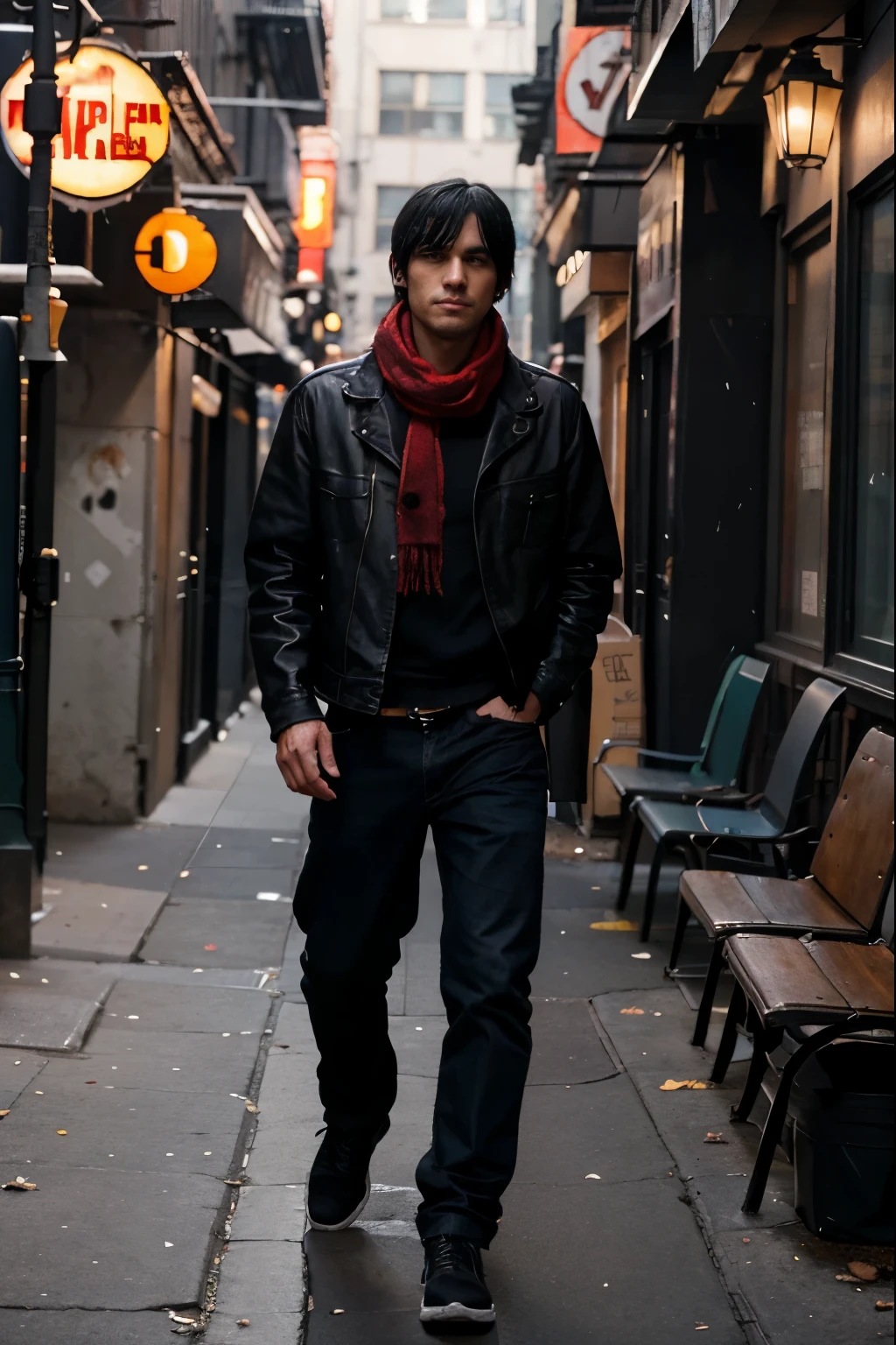 A European man with black hair in bangs on the left walks steadily through a New York city alley filled with a dark atmosphere. He was wearing a baggy jean jacket, a red scarf flowing around his neck, and a pair of well-fitted black jeans. His steps were firm, even though around him there were a group of gangsters sitting on the side of the alley, exuding an intimidating aura. The man maintained his attitude, unfazed by their presence, showing firmness in his steps amidst the chaos of the big city, cinematic,movie,4k