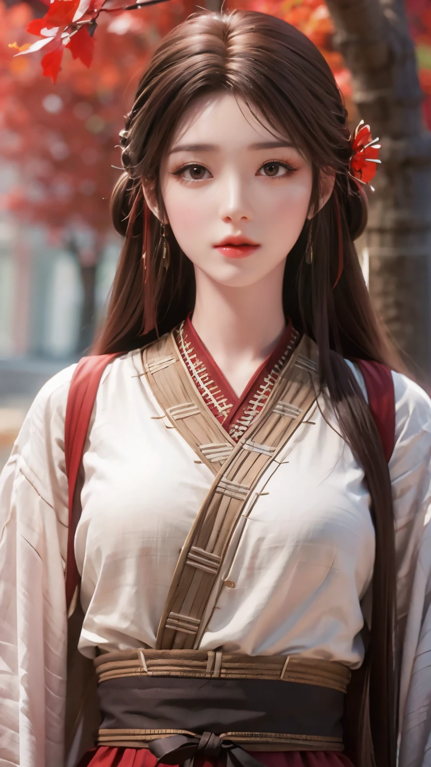 (masterpiece, best quality:1.2), 1girl, long black hair，Red head rope，Nice hairstyle，brown eyes，Chinese style ancient costume，Red mulberry background，facing the camera，piercing eyes，symmetrical eyes