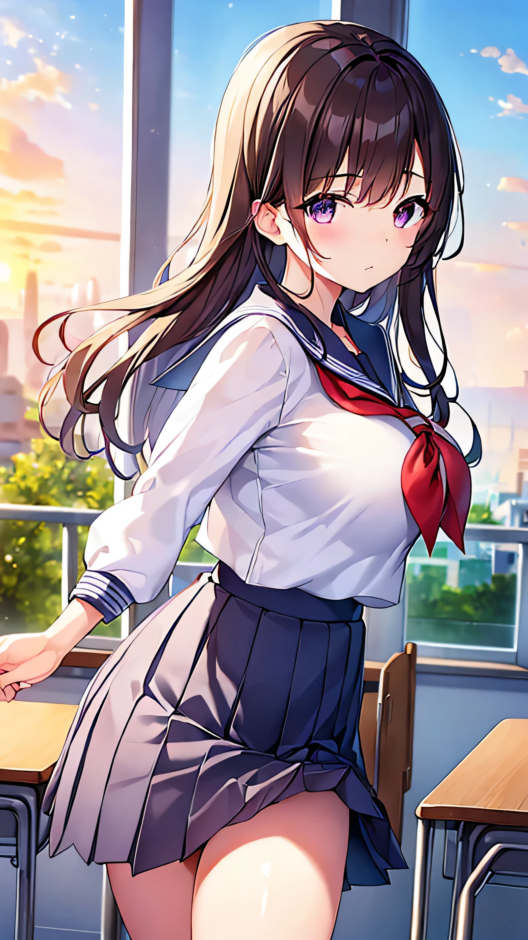 (best quality、8K、32k、masterpiece、north african trade zone、ultra high resolution、Impressionism、photorealism:1.2)、big breasts、cowboy shooting, Detailed face and eyes、 inside the classroom、School、Sunset、pretty face、blurred background、16 year old beautiful girl、shiny skin、Hair half raised、beautiful brown hair、dull bangs、brown eyes、(close one eye)、Sailor suit、pleated mini skirt、curve、(lift up skirt、i can see your pants:1.2)、thigh thigh thigh、(Navel exposed:0.4)、dynamic poses