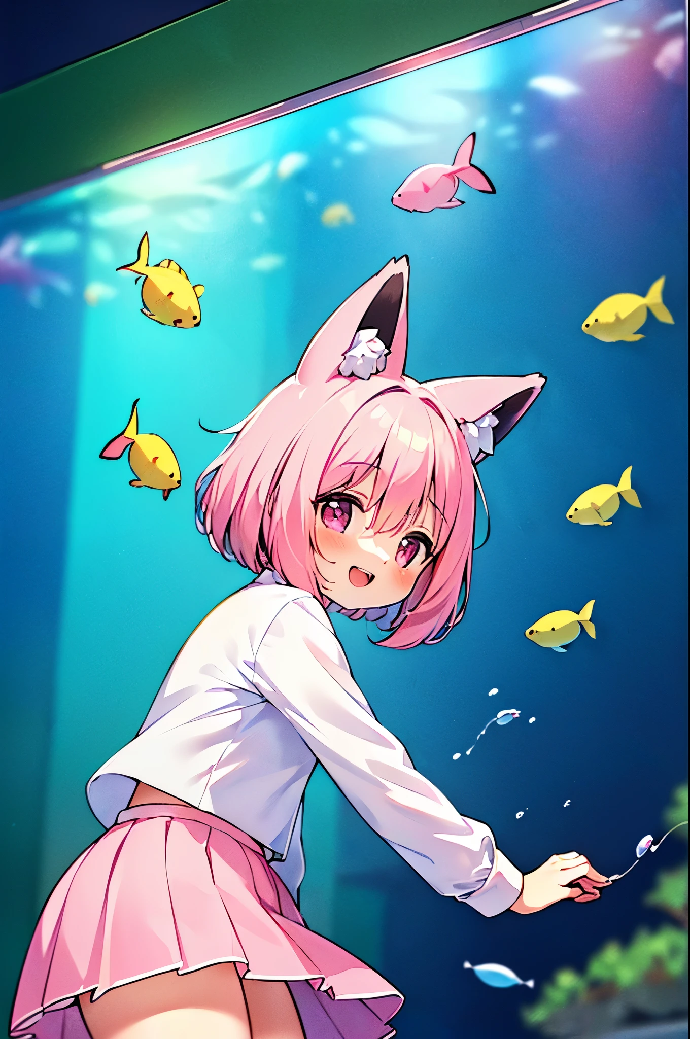 (((masterpiece))), (((最high quality))), (((high quality))), (((beautiful))), (((8K))), (((High resolution)) (((超High resolution))), (((High resolution))), (pink short hair:1.3), (Pink fox tail:1.4), (Pink fox tail:1.2), pink fox ears and white tips, (pink eyes), (theme color pink:1.4), small breasts, Super cute light blue long sleeve shirt, (Long pleated skirt:1.3), pure white ruffled skirt, (cowboy shot:1.3), (laughing), (in the aquarium:1.3), (From the side:1.2), (from below:1.3), (Tropical fish of various sizes)