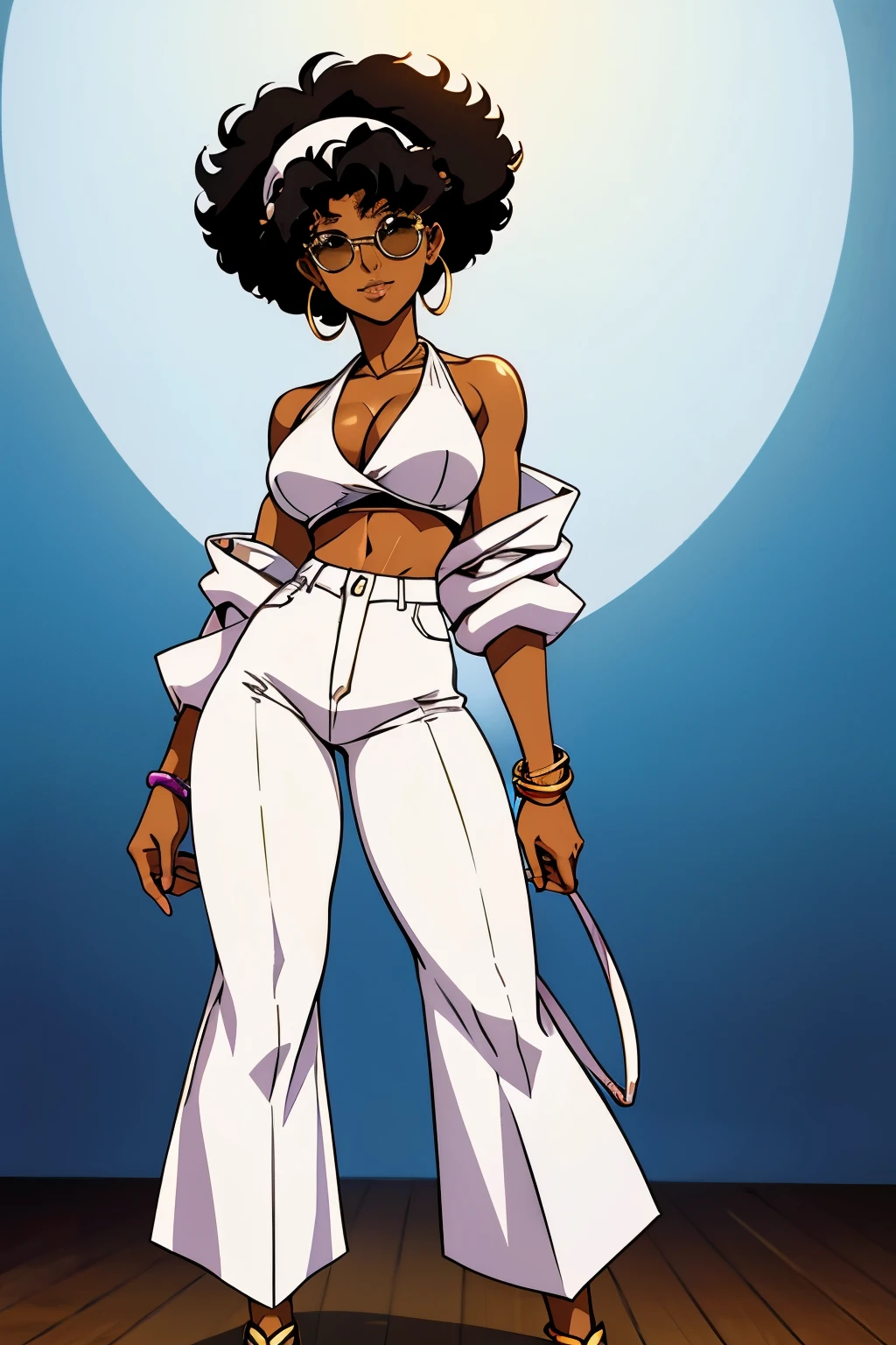 one woman, full body, black woman from an 90s anime, 90s anime fog, static like from an 90s anime, 1990s \(style\), short afro hair, black afro, curly black hair, serious smile, mouth closed, mysterious, brown skin, action anime, bandana headband, round sunglasses, disco outfit, white loose flare pants, white pants, white halter top, cleavage, disco girl outfit, african woman, dark skin, gold bracelets, hoop earrings,