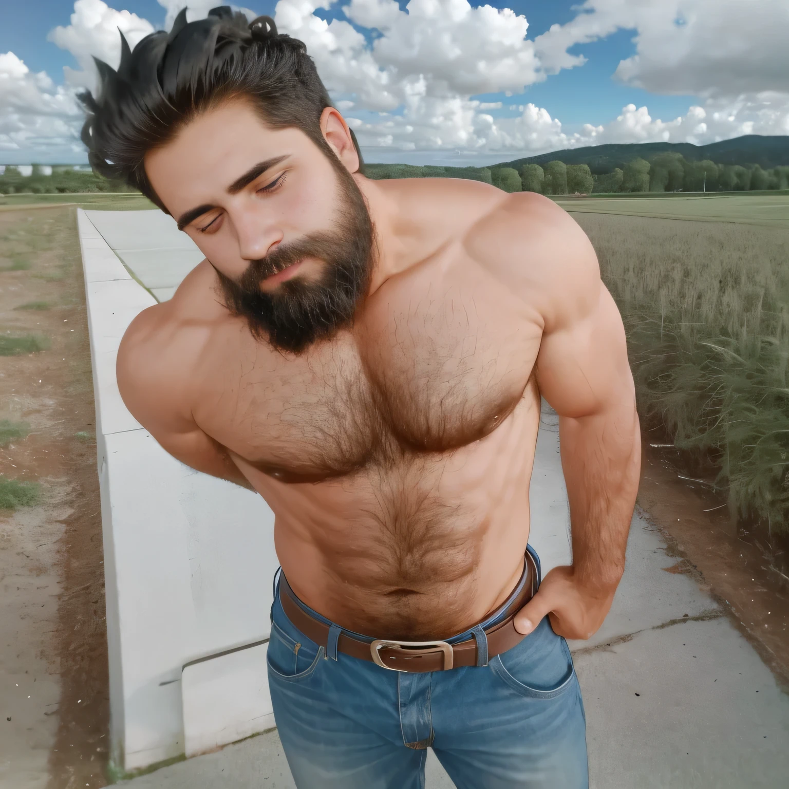 barbado, Shirtless man standing in front of a cornfield, pantalones vaqueros, Super buff y genial, pecho peludo y cuerpo peludo, pecho peludo, Pelo en el pecho, 30 year old man.