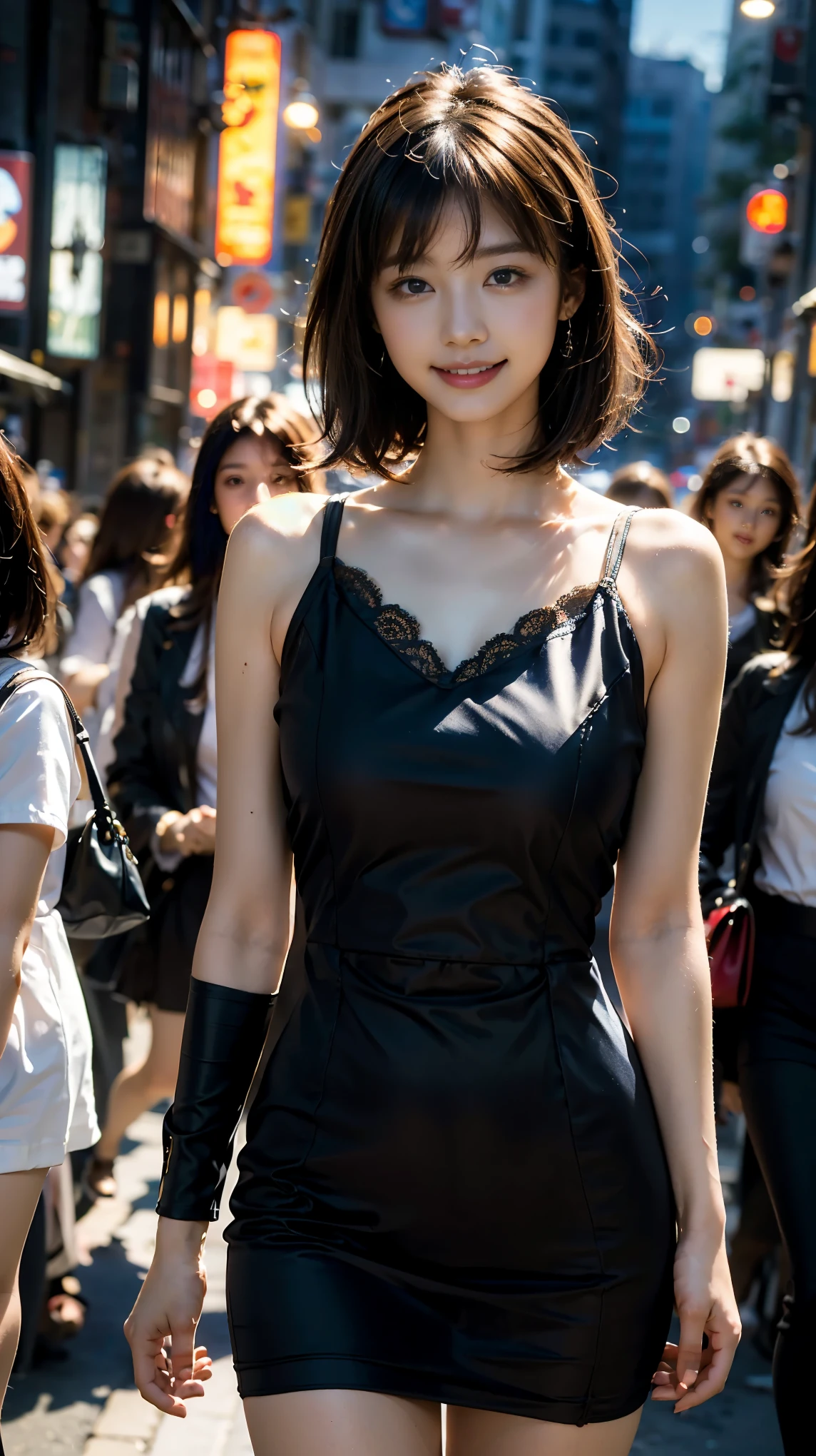 Araffe asian woman in a black dress walking down a busy street - SeaArt AI